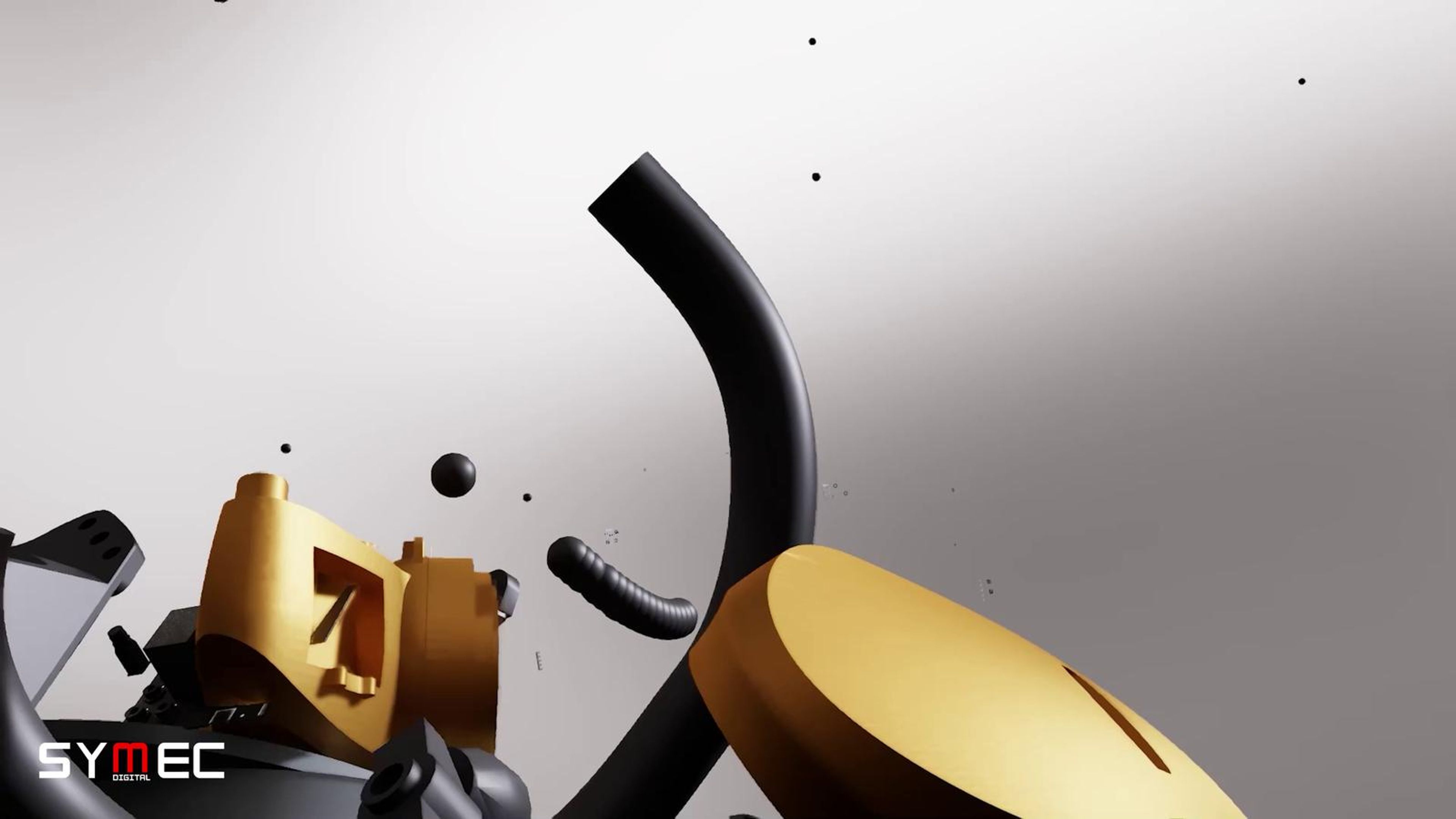 Gold robot arm breaking apart into floating parts