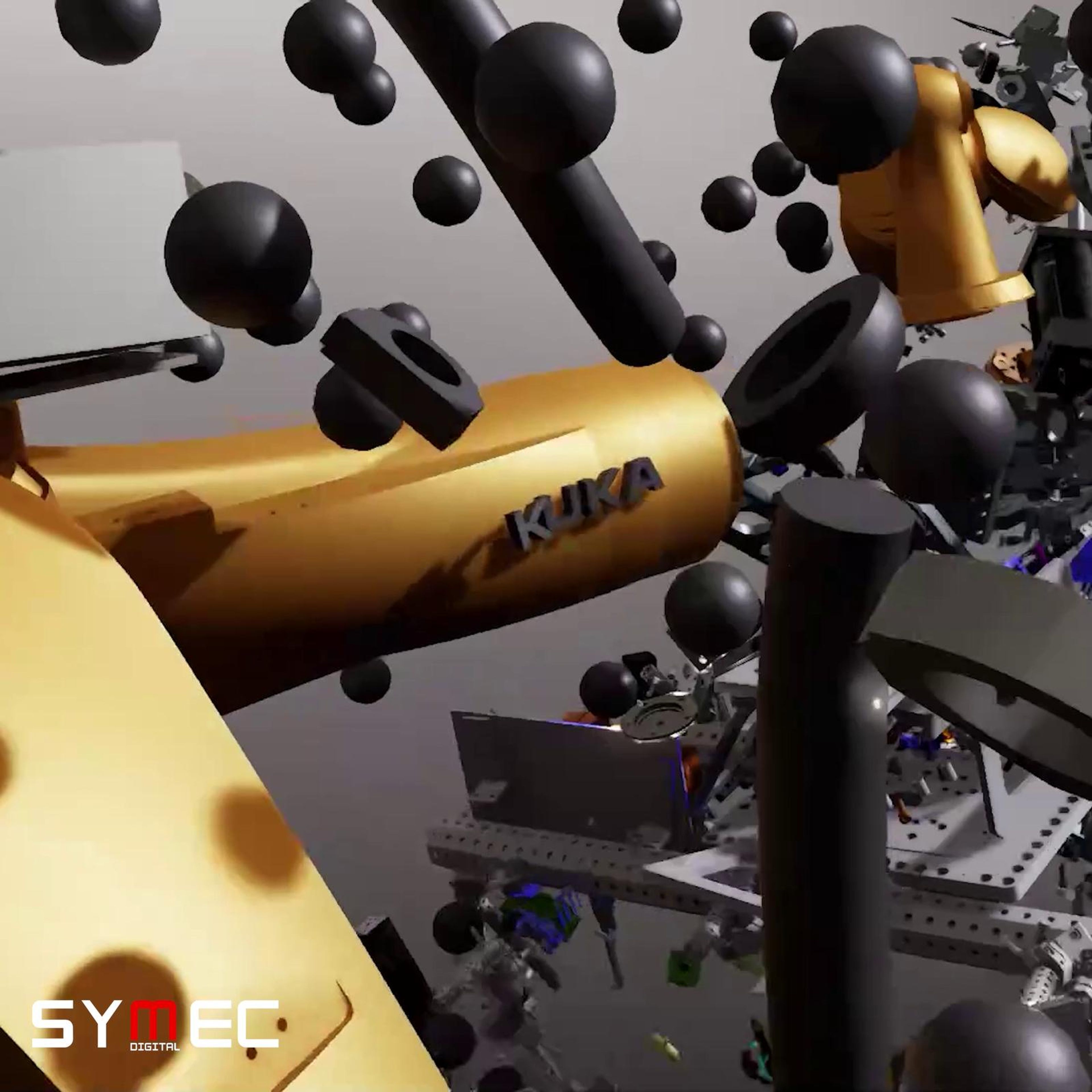 Square cut of a robot exploding into parts