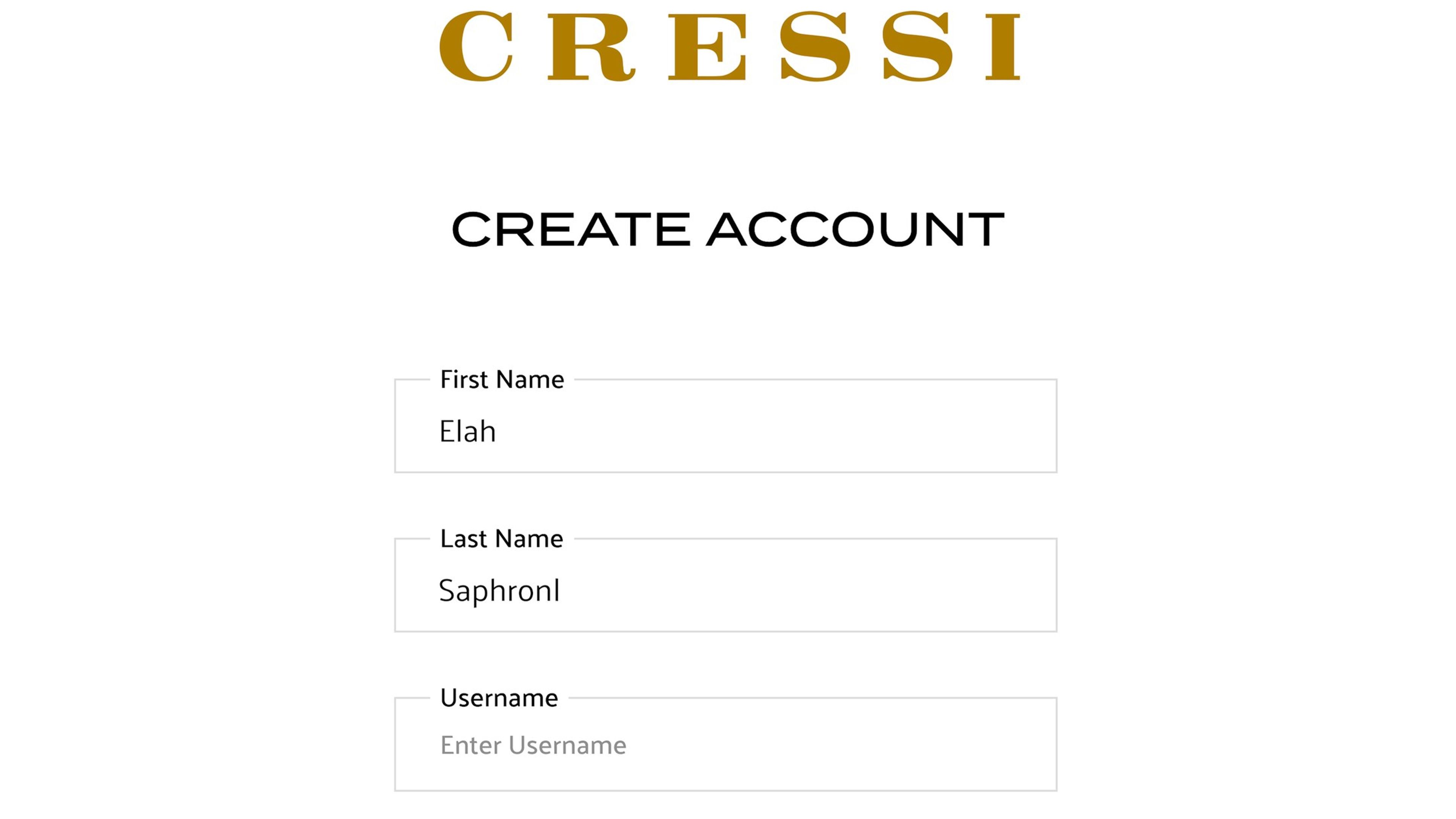 The CRESSI create-account screen with name and username fields