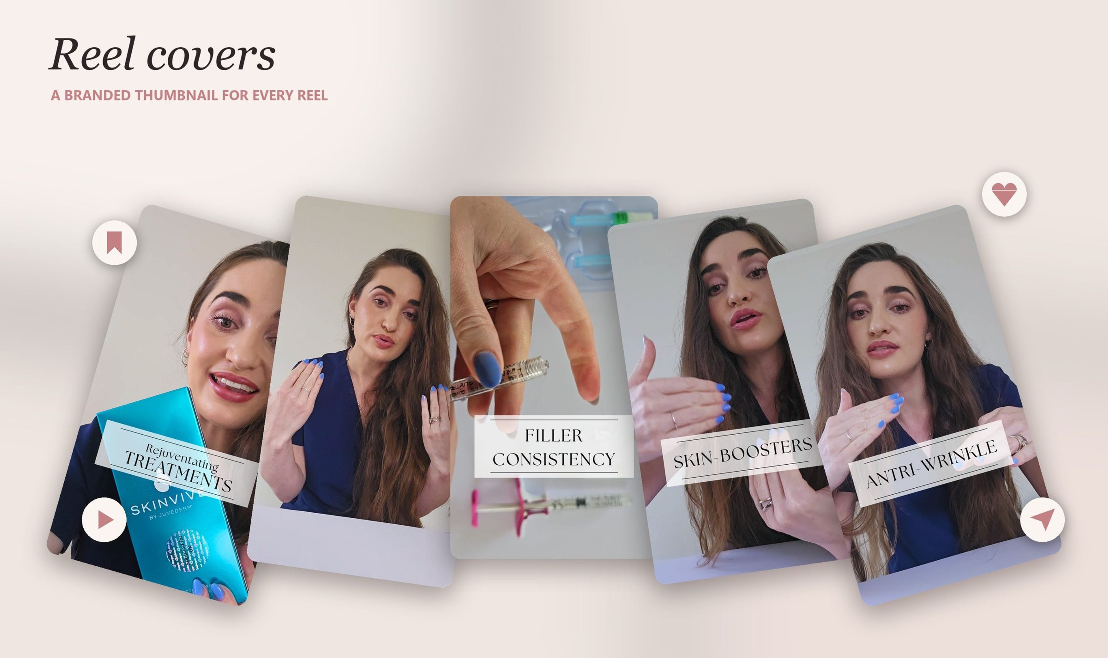Five branded reel covers fanned out for the Emily Aesthetics Instagram reels