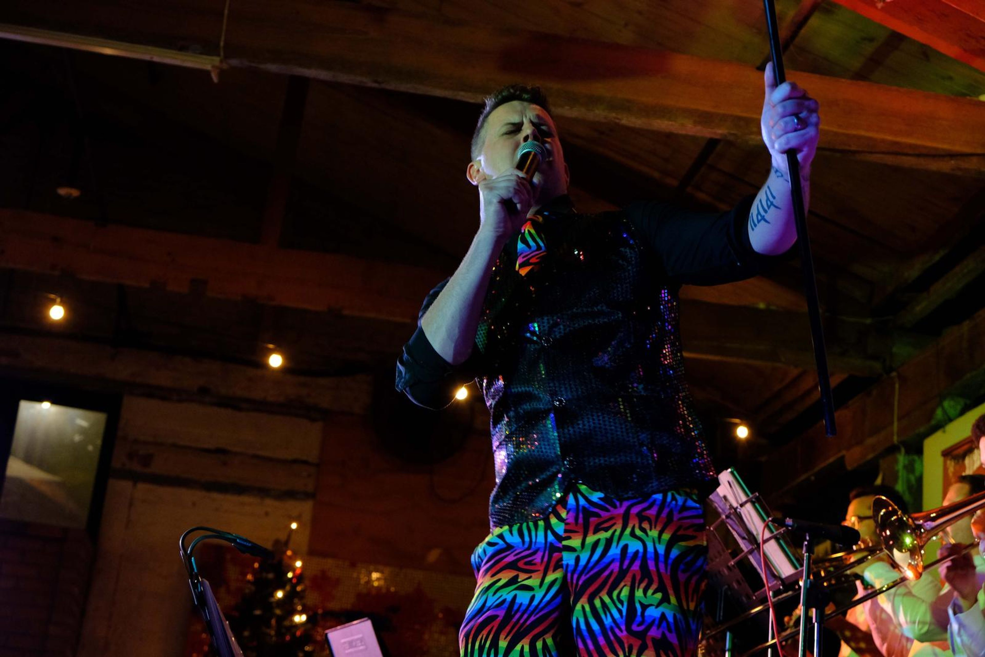 Singer holding the microphone stand overhead as he sings