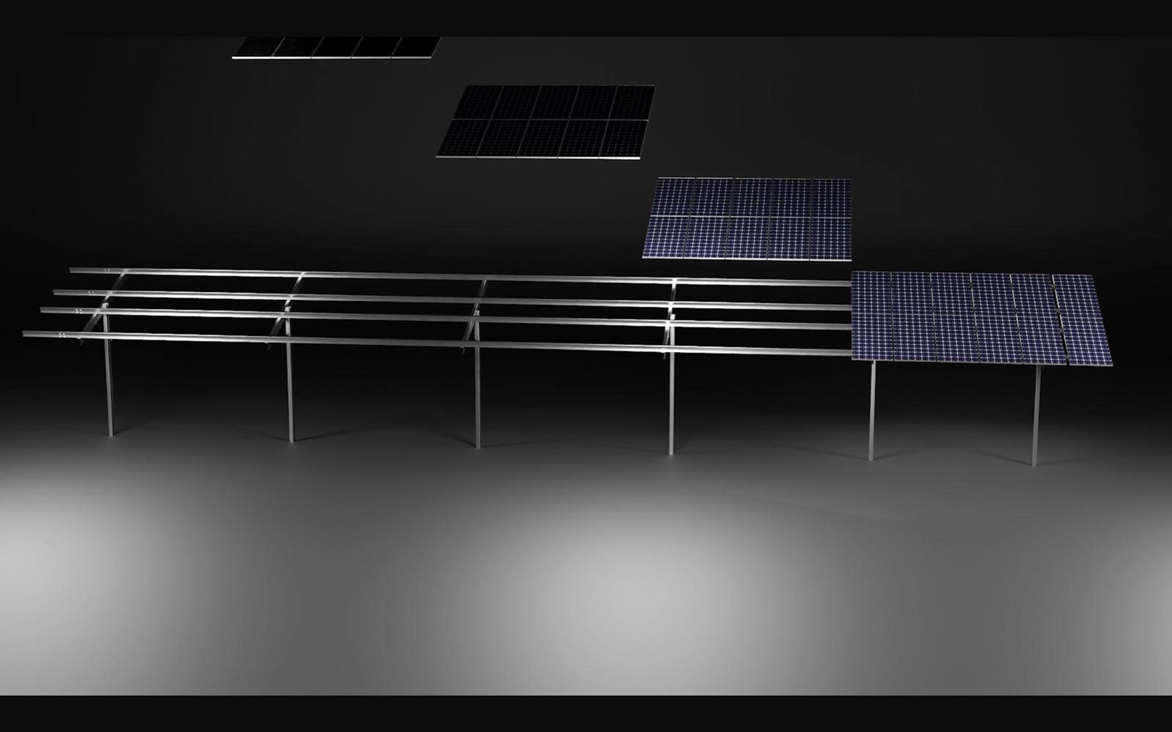 Solar panels dropping into place along a long mounting frame