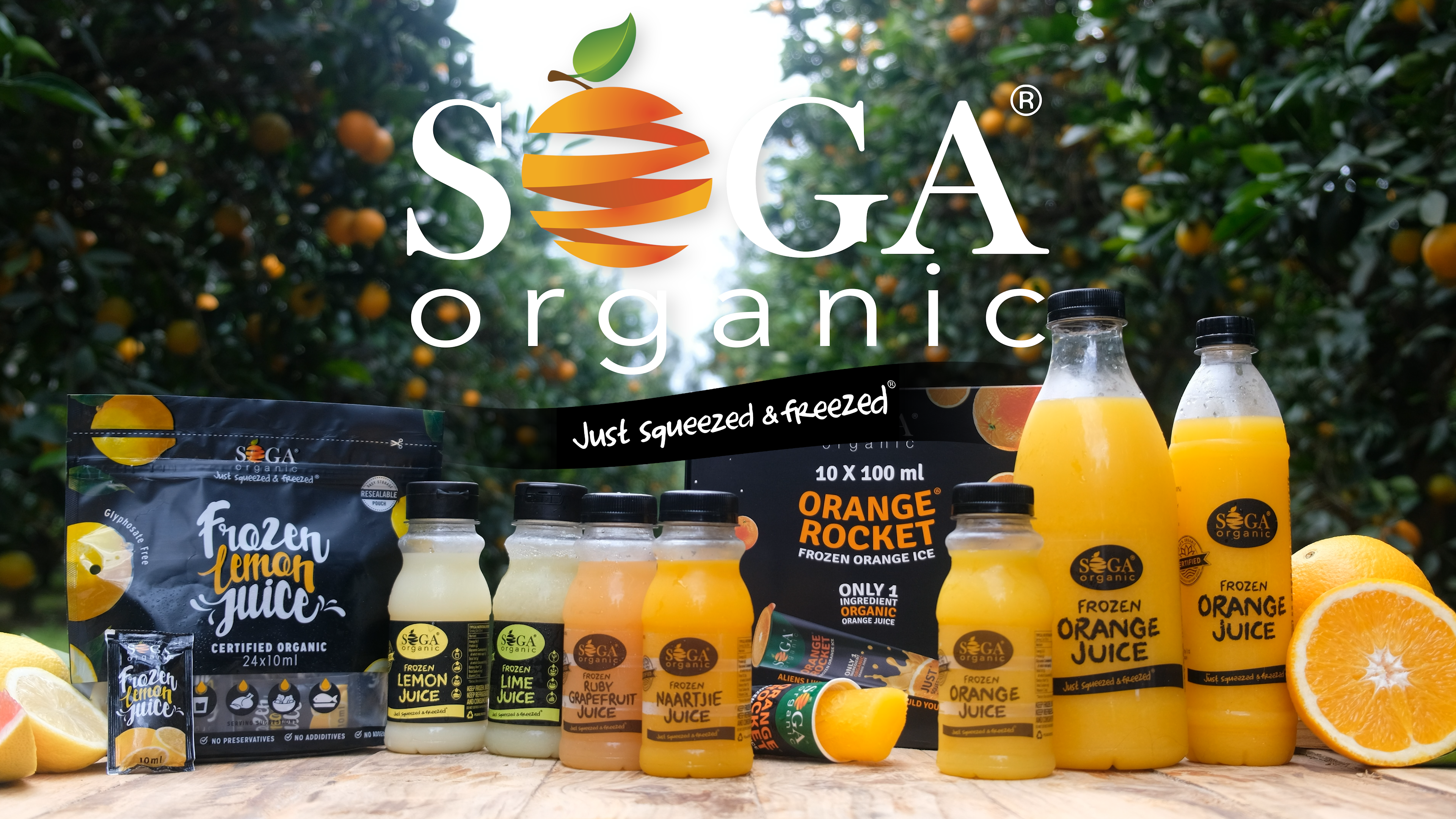 SOGA Organic's full frozen juice product range, orange, naartjie, ruby grapefruit, lime, and lemon juice, staged on a wooden table in the Kirkwood citrus orchard with fresh oranges in the foreground