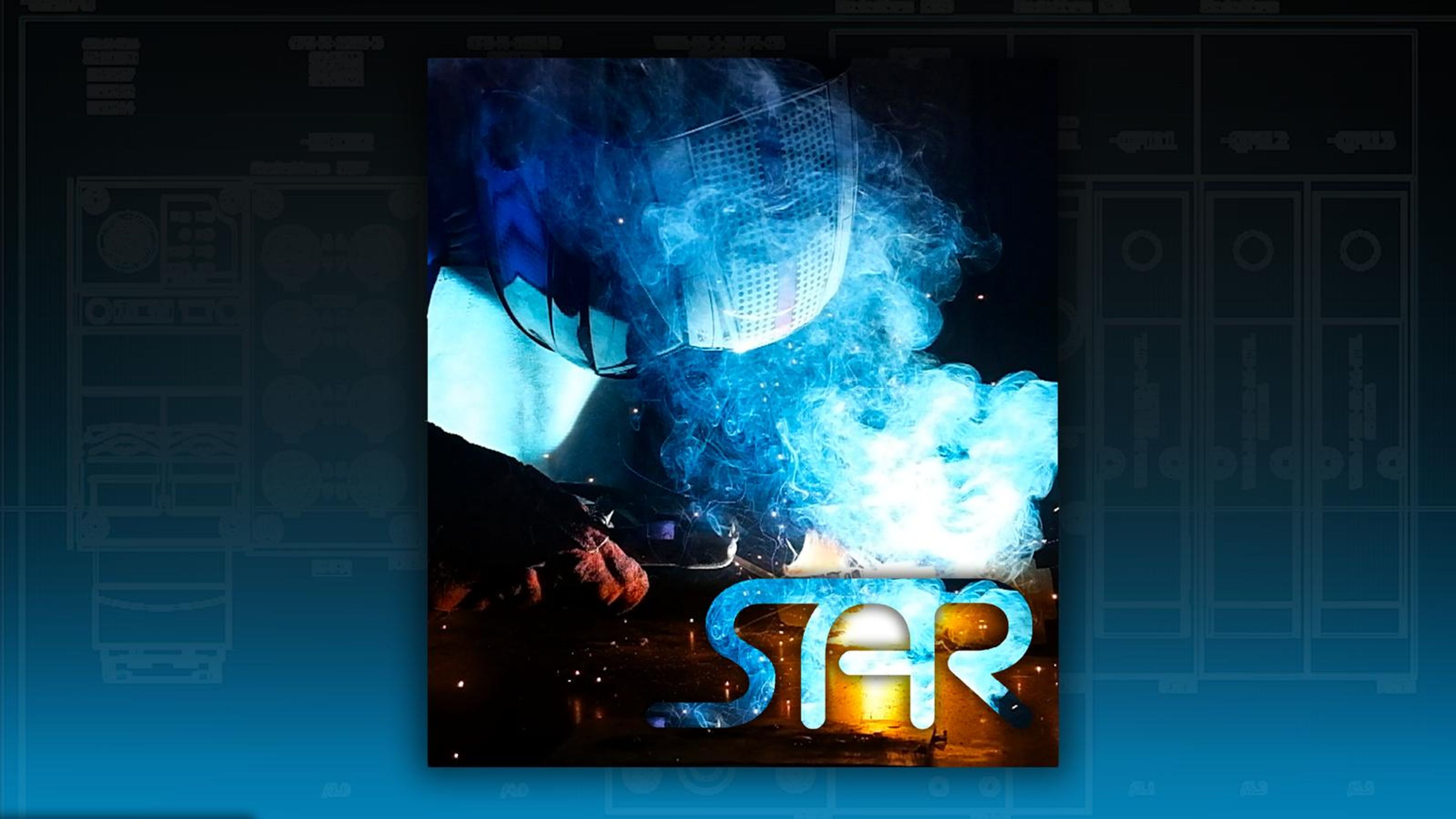 Welding arc framed on a blue gradient with a blue-cyan SAR logo