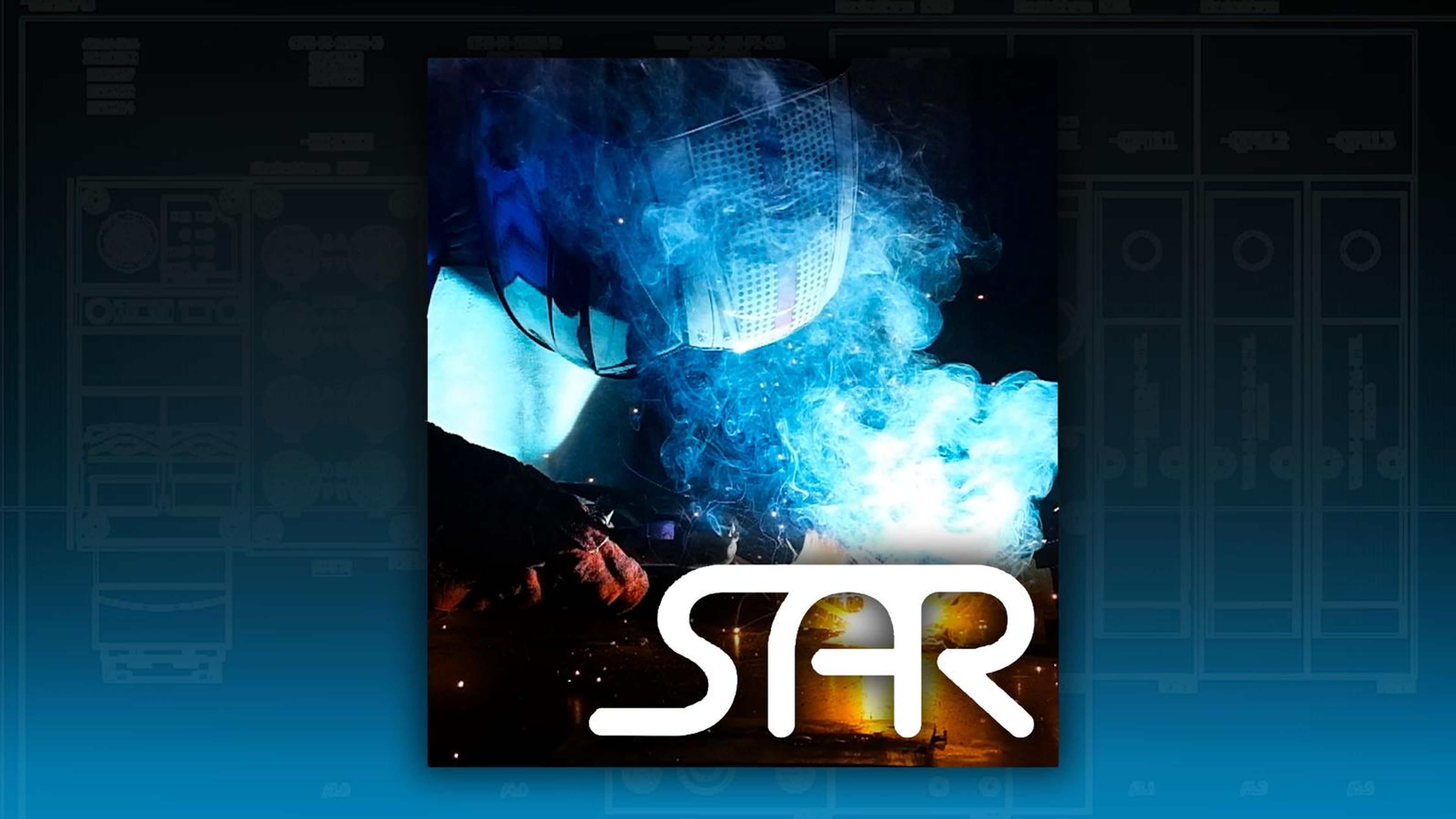 Welding arc framed on a blue gradient with a white SAR logo