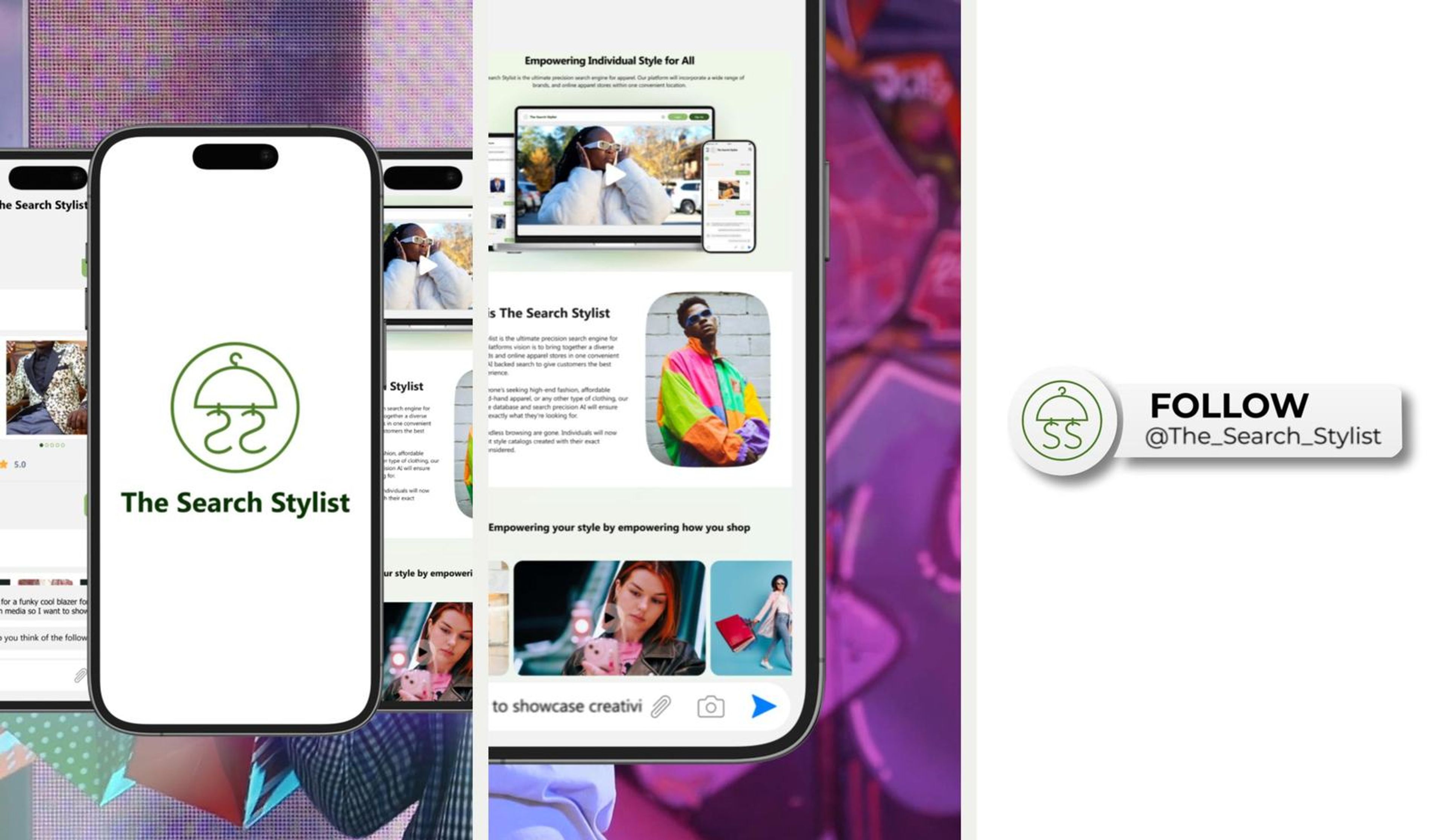 Three vertical frames from the launch video cut-downs side by side: of a phone showing The Search Stylist opening screen against a colourful backdrop; of a phone showing The Search Stylist page against a colourful backdrop; with a Follow The Search Stylist social handle badge