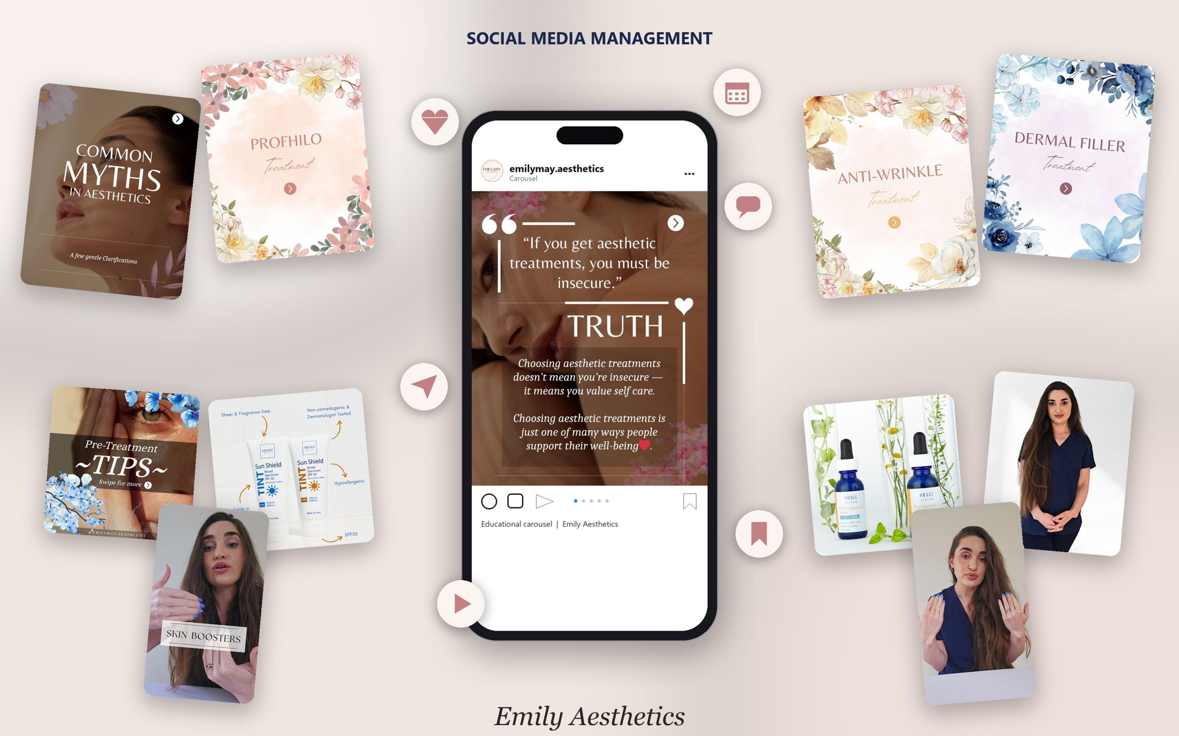 Emily Aesthetics social media management: a phone showing a published carousel post surrounded by treatment, product and reel cover posts