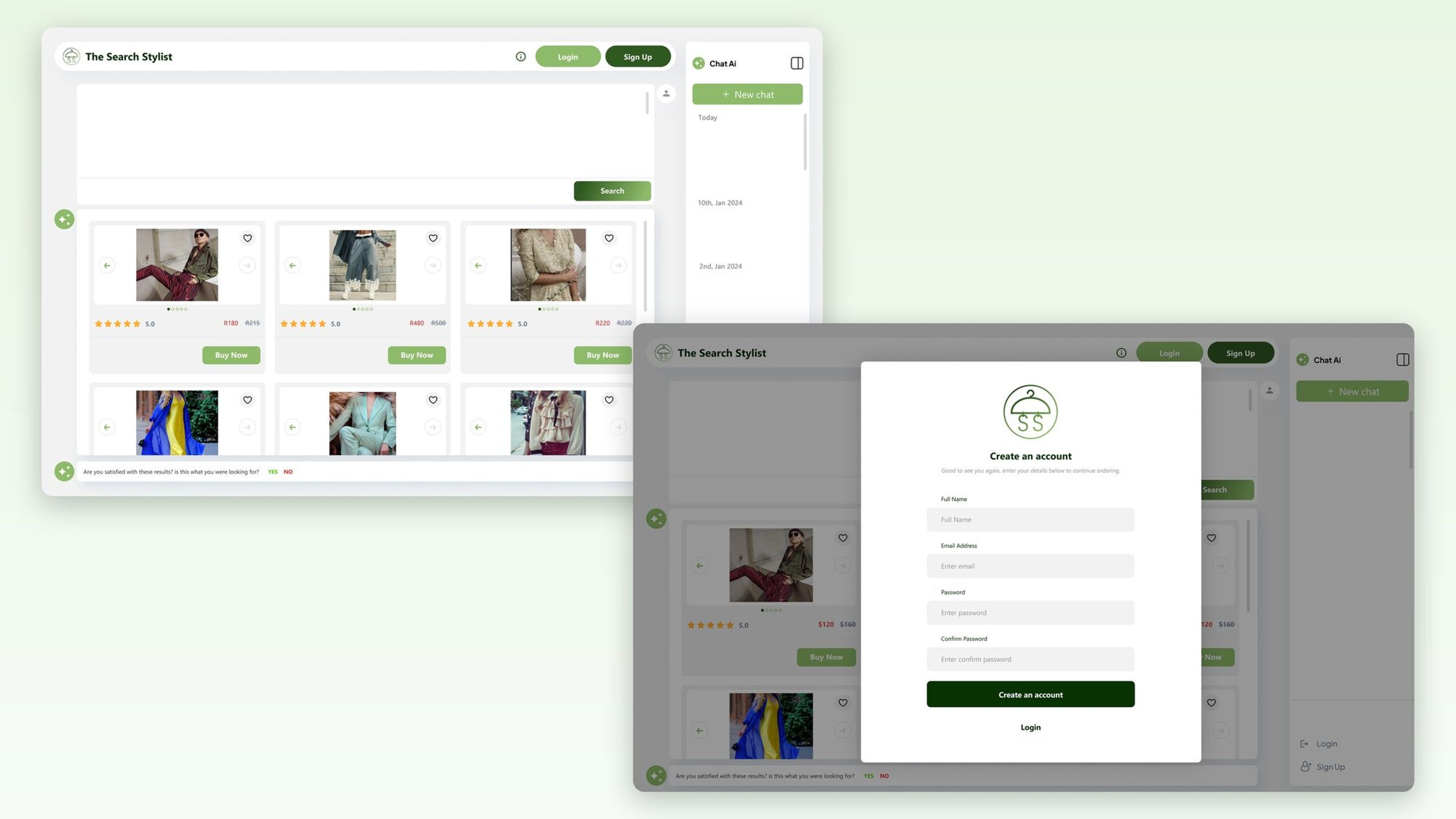 Two desktop screens of the simulated Search Stylist app: the logged-in chat with saved chats, and the create account pop-up