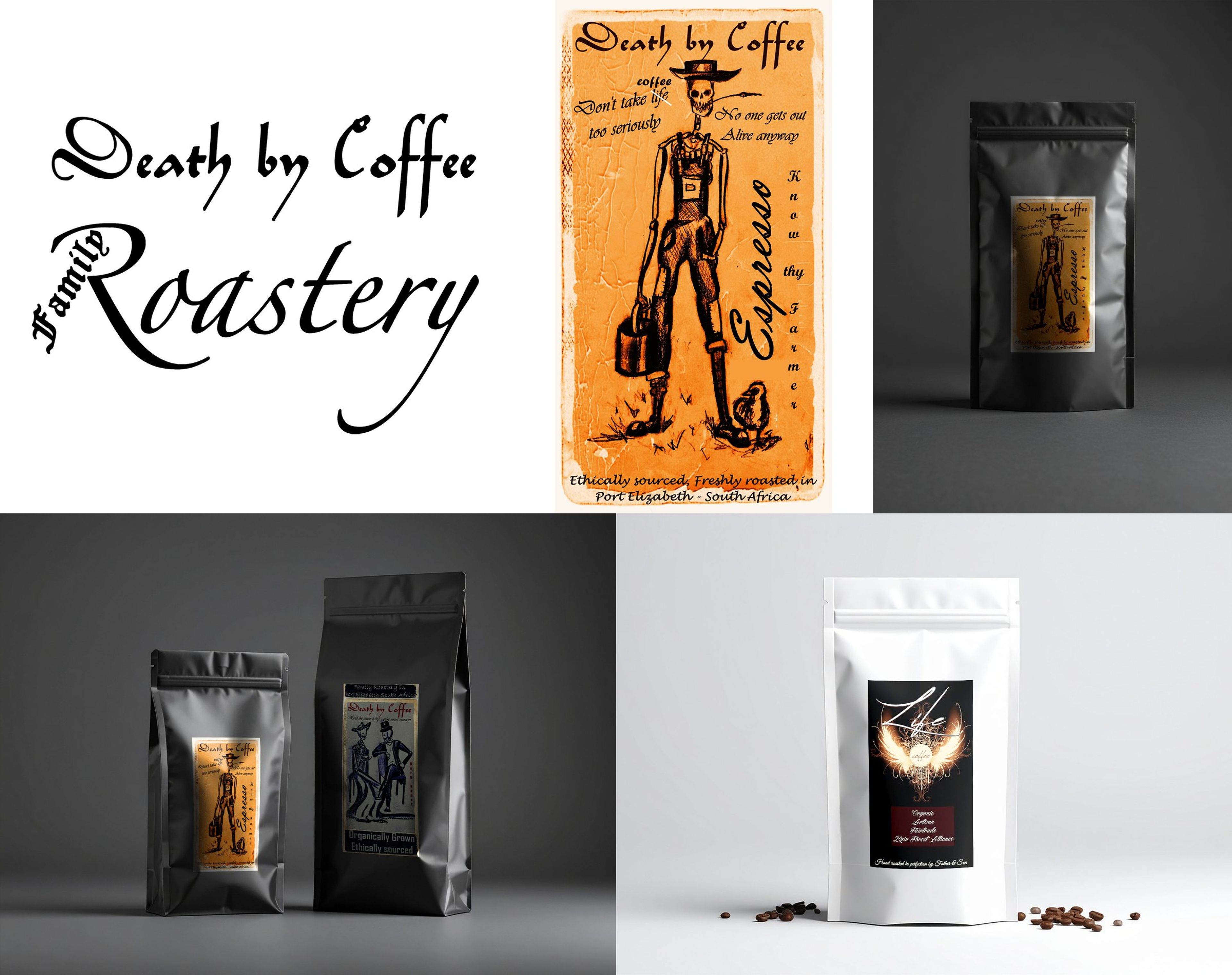 Death By Coffee refreshed logo, Espresso Roast label art and custom coffee bag mockups