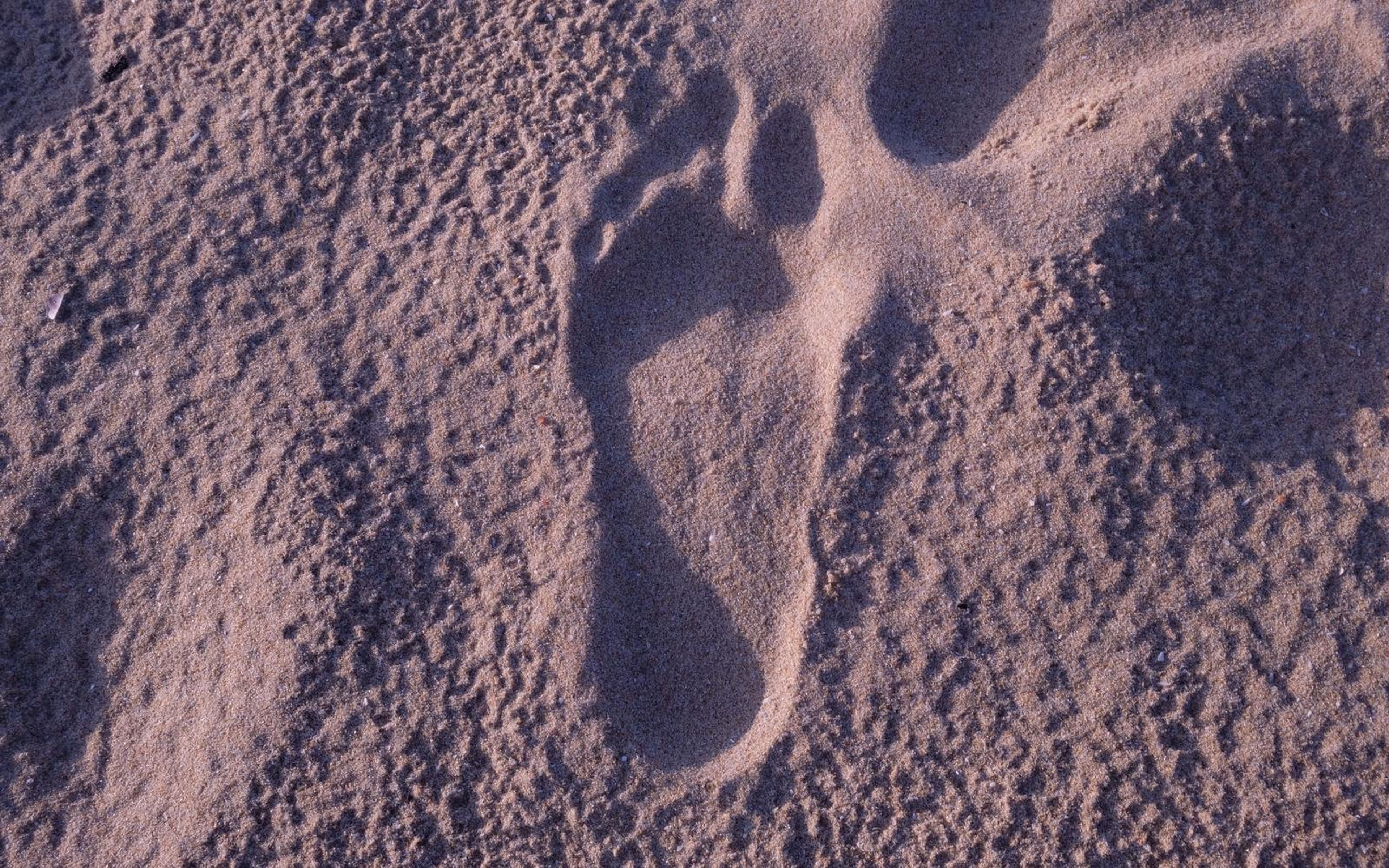 Single bare footprint pressed into textured pale sand in side light