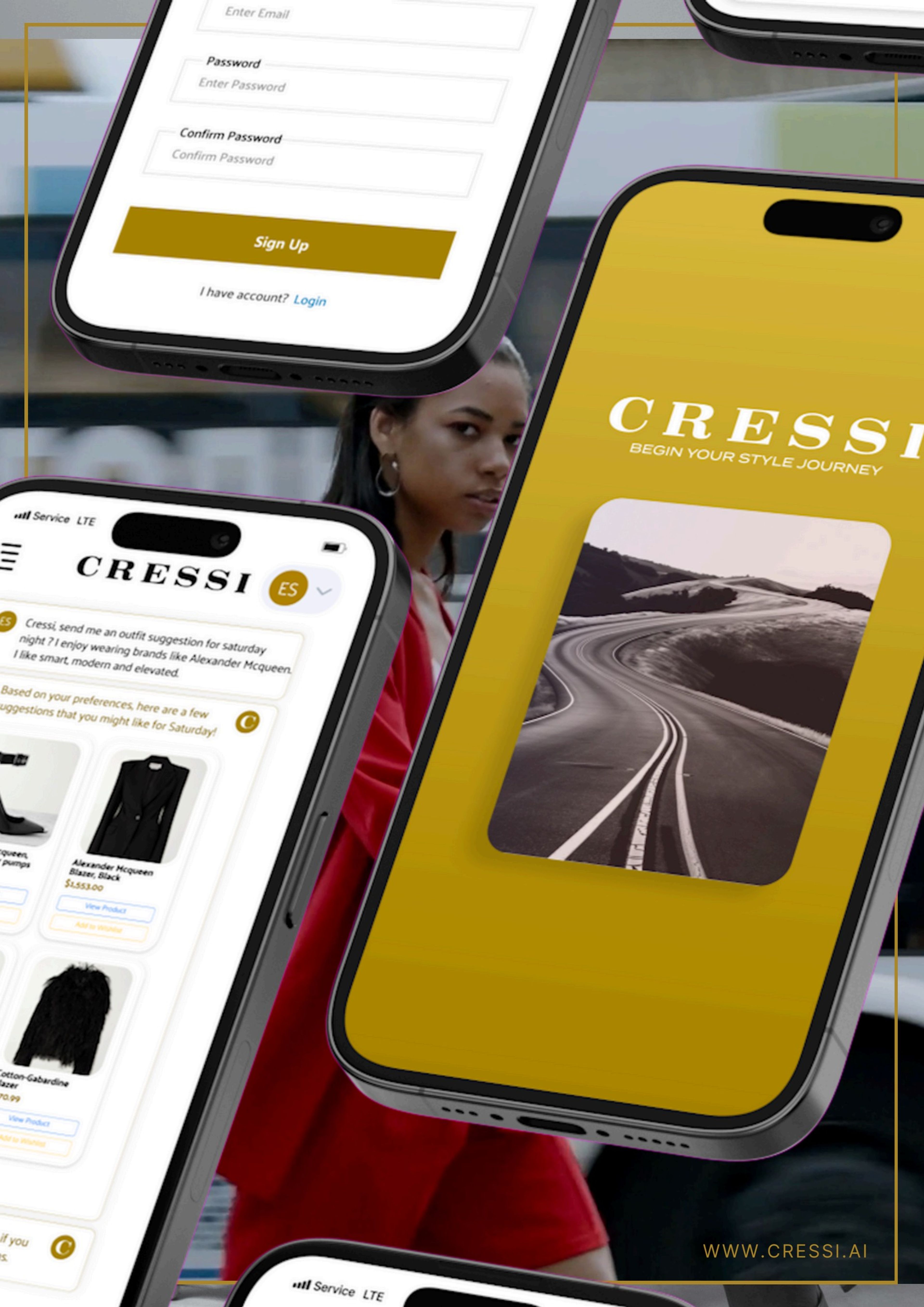 Full-page spread of phones showing the CRESSI sign-up and welcome screens over a street-style photograph