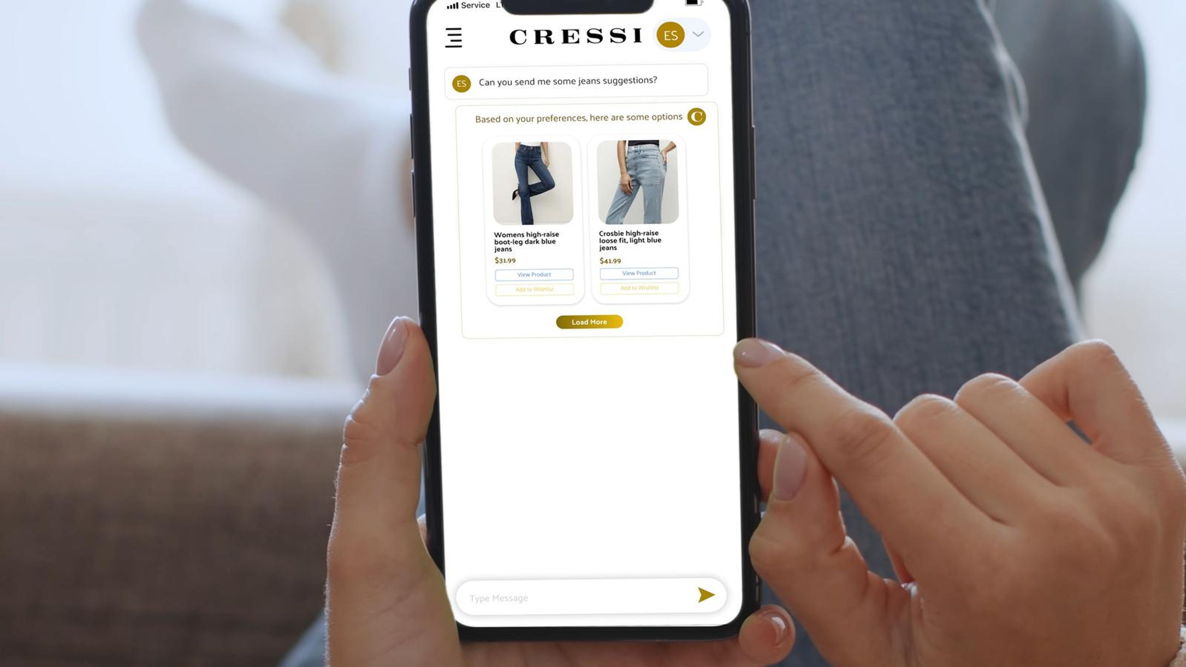 Hand tapping a phone showing the CRESSI chat with outfit suggestions