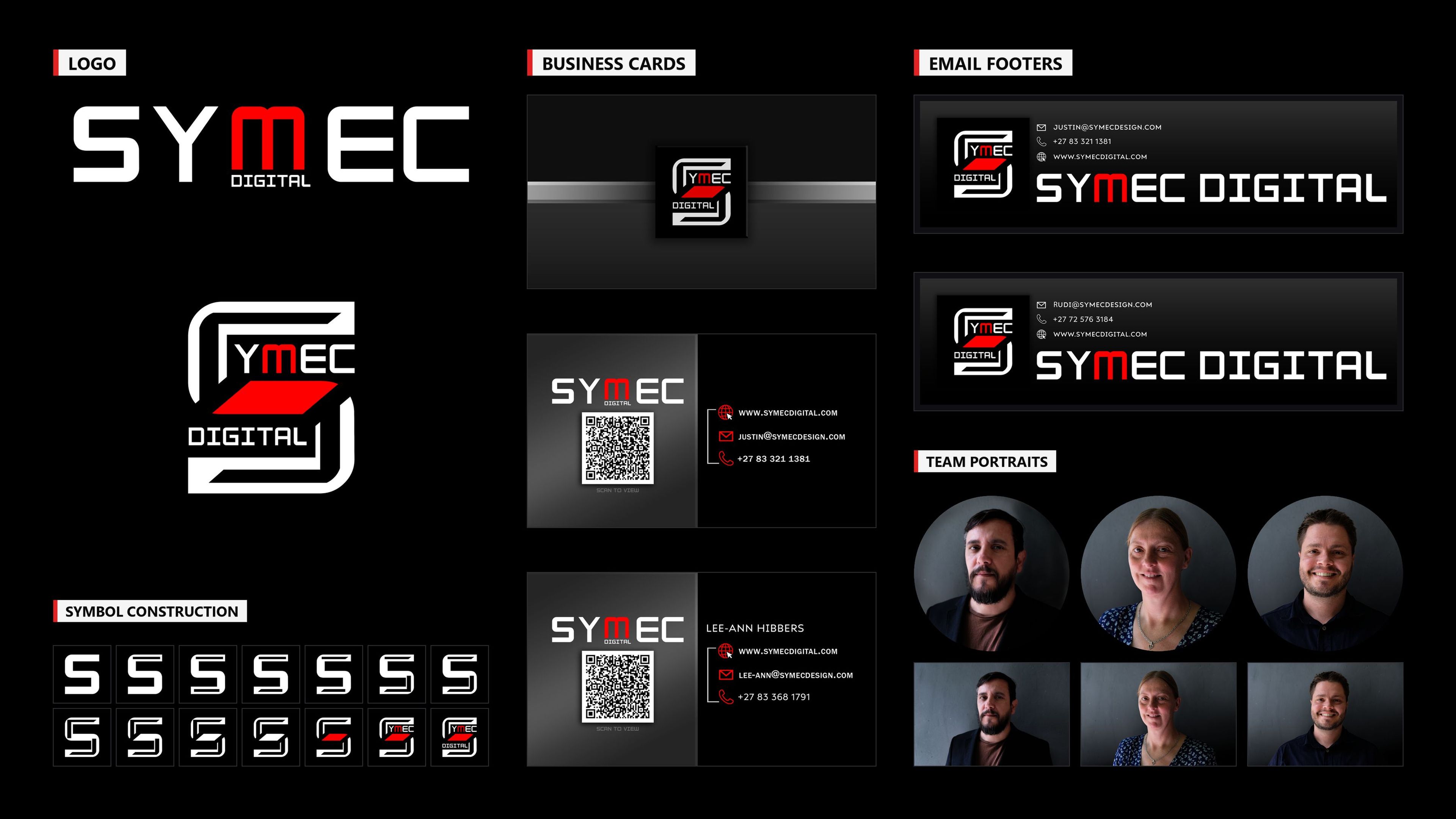 Symec Digital brand refresh collage showing the logo, symbol construction, business cards, email footers and team portraits