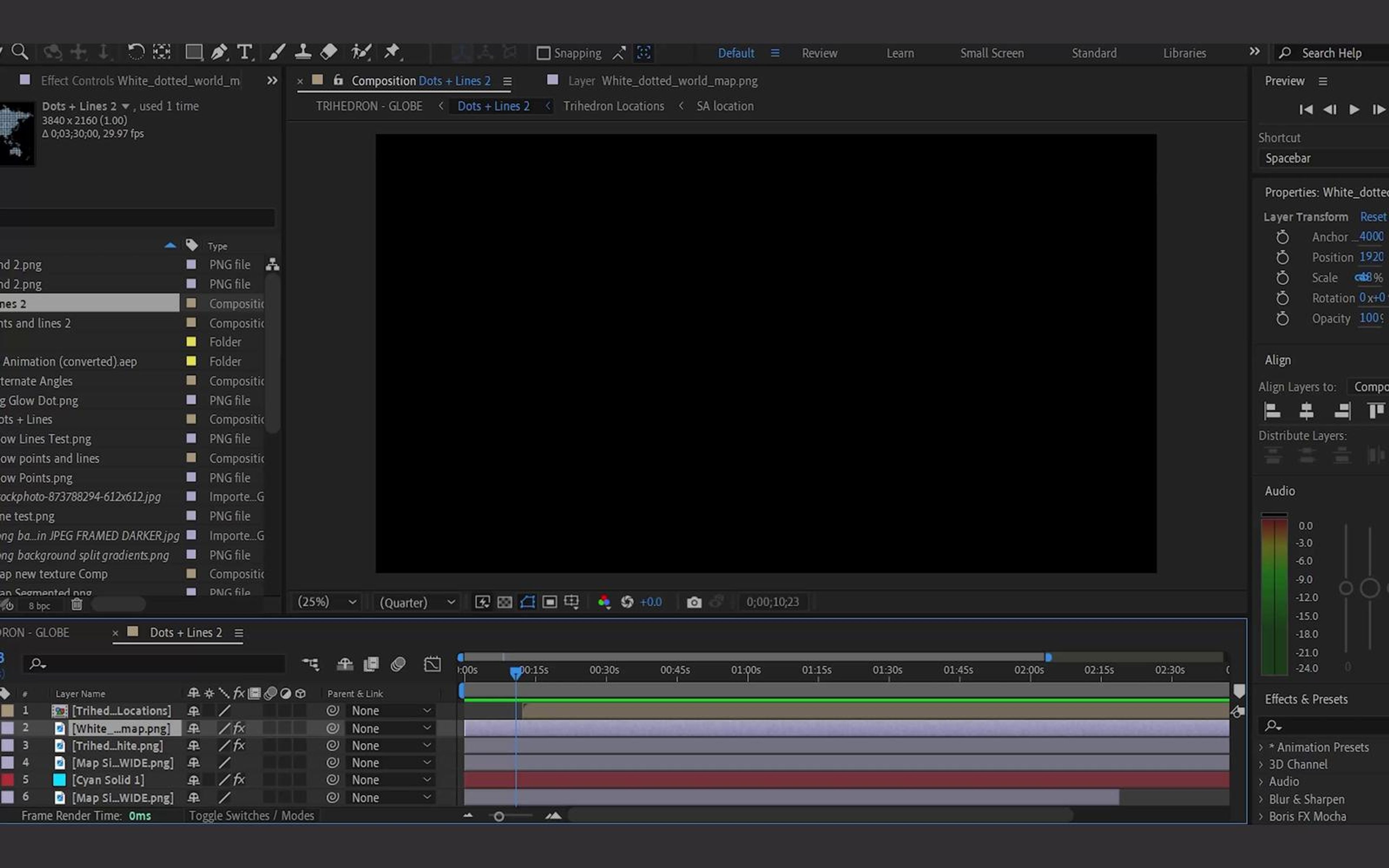 After Effects layers panel with an empty black composition at the start of the globe build