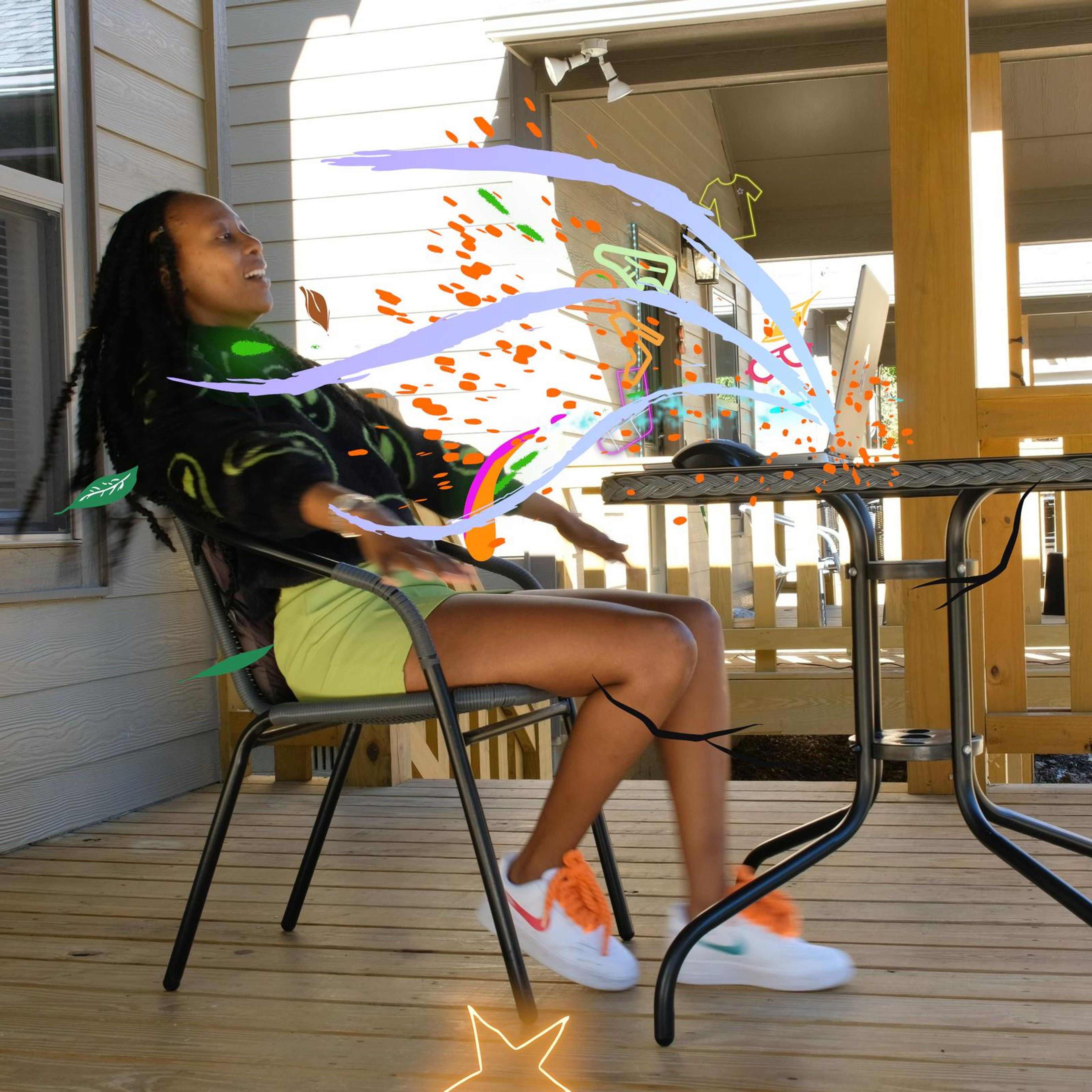 Square frame of a woman relaxing on a porch with colourful animated graphics around her