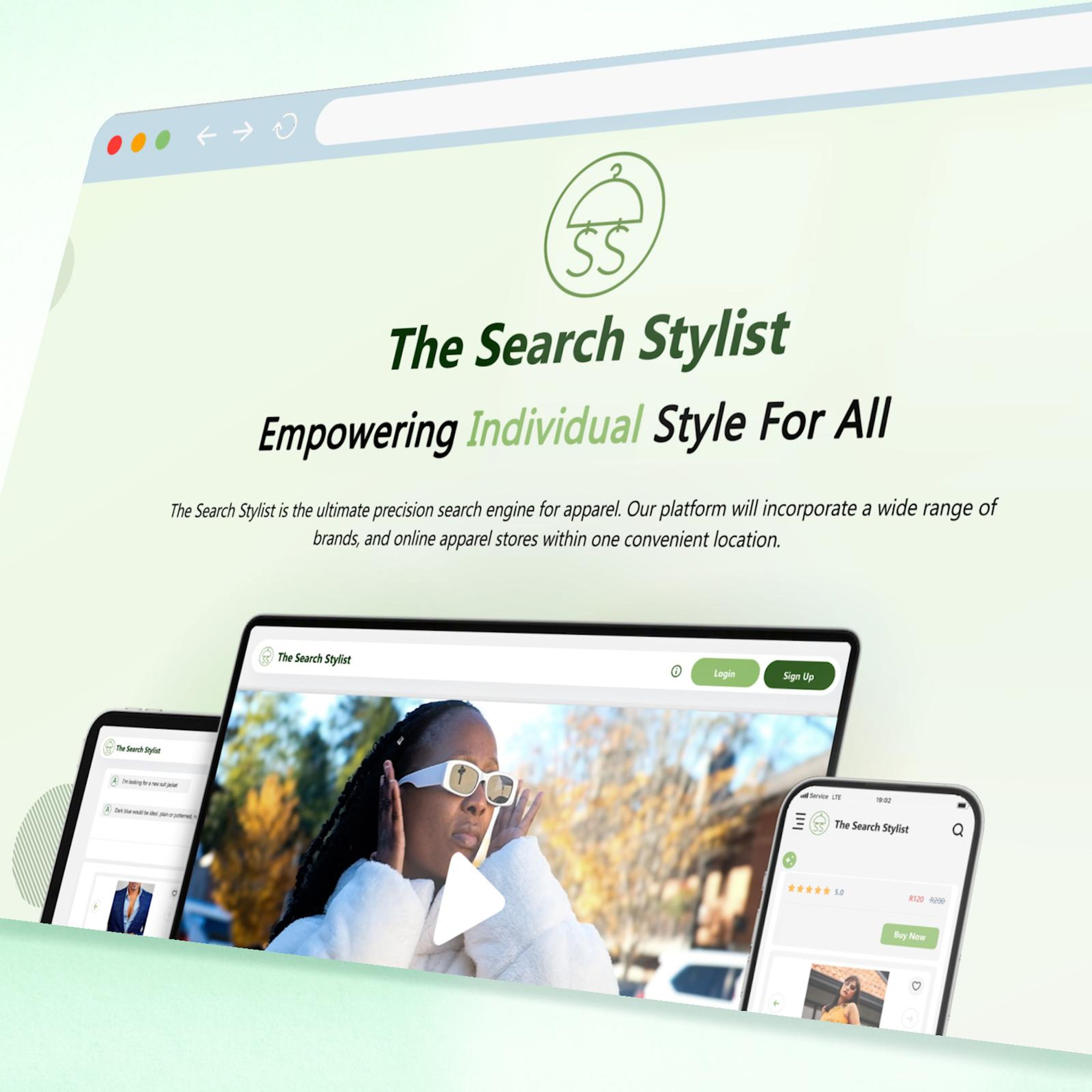 Square frame of The Search Stylist home page across devices