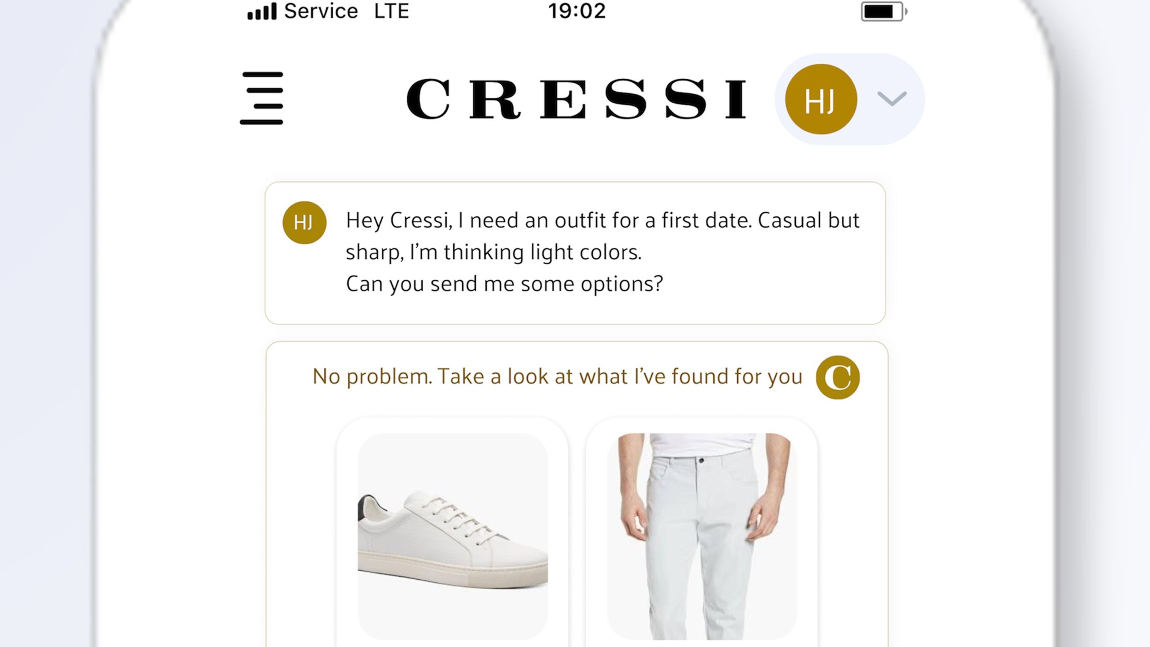 The CRESSI chat interface on a phone showing outfit suggestions