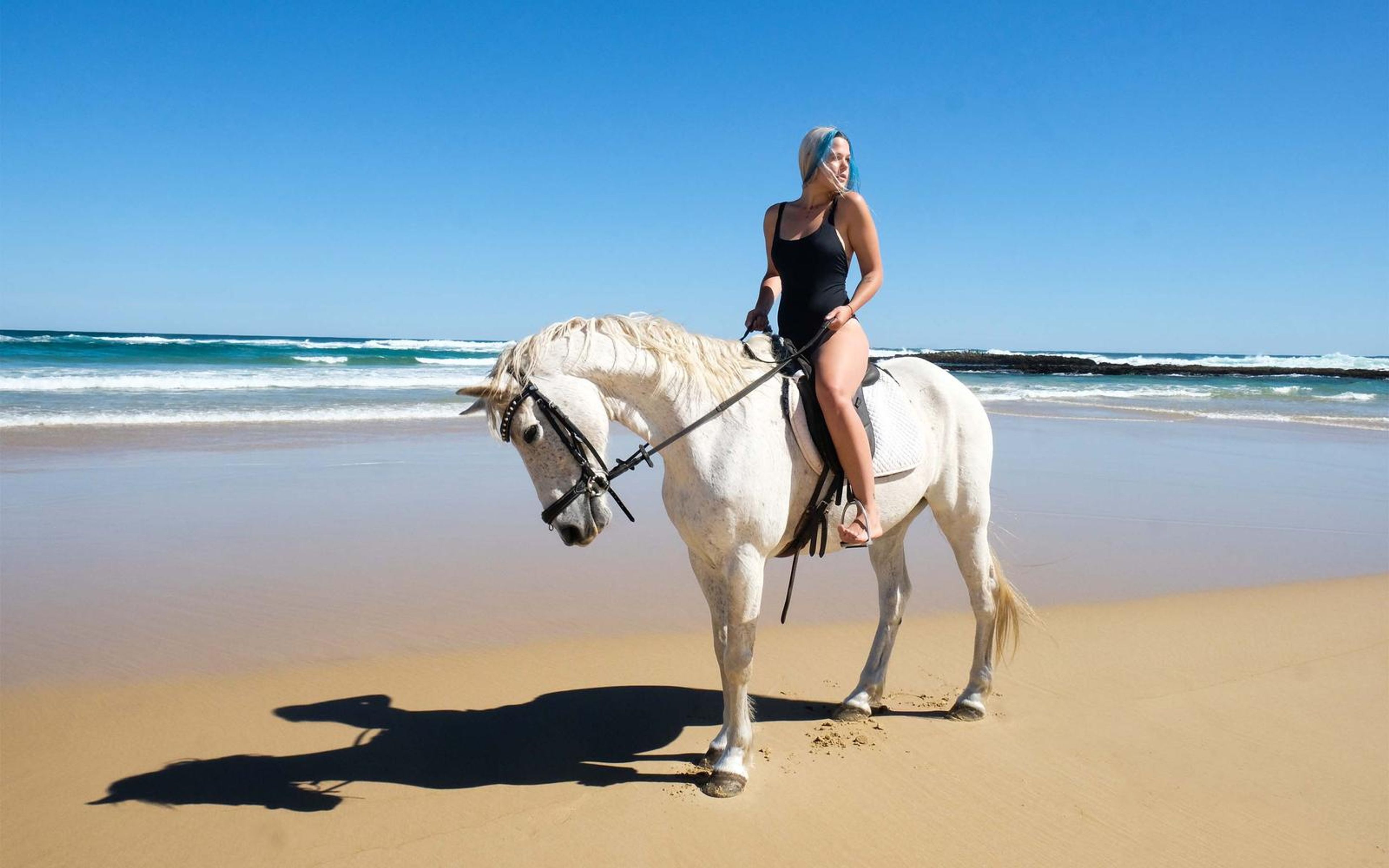 Rider in a black swimsuit on a white horse standing on the shoreline under a deep blue sky