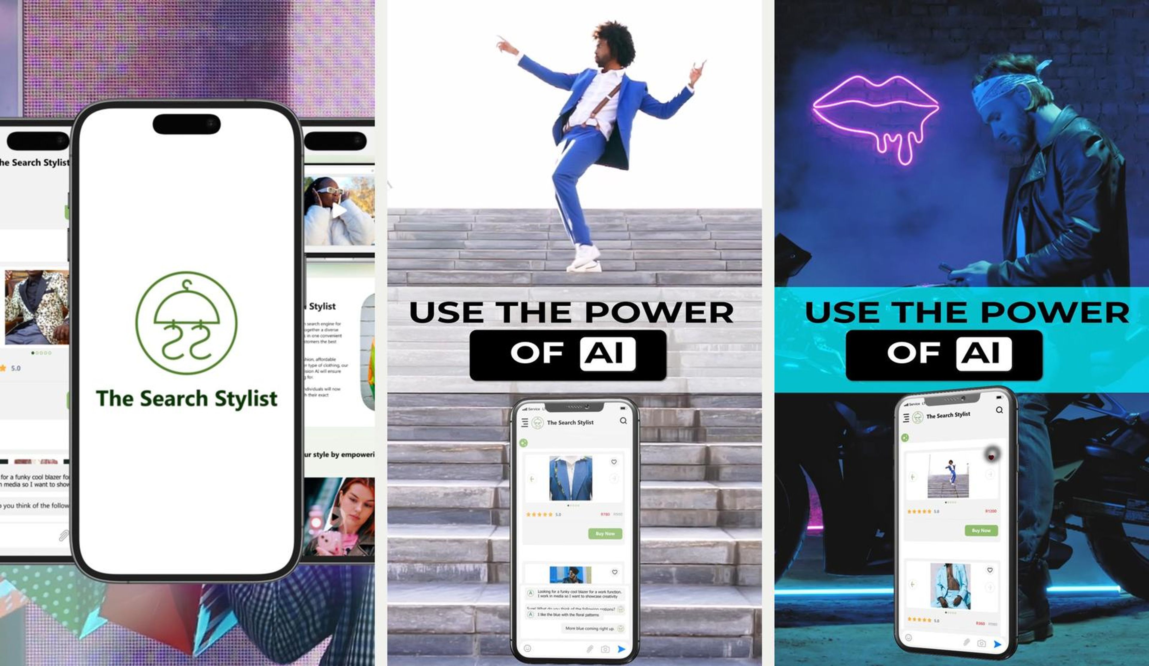Three vertical frames from the launch video cut-downs side by side: Square frame of a phone showing the app beside a page of clothing results; with the text Use The Power Of AI above a phone showing the app search; with the text Use The Power Of AI above a phone on a neon blue background