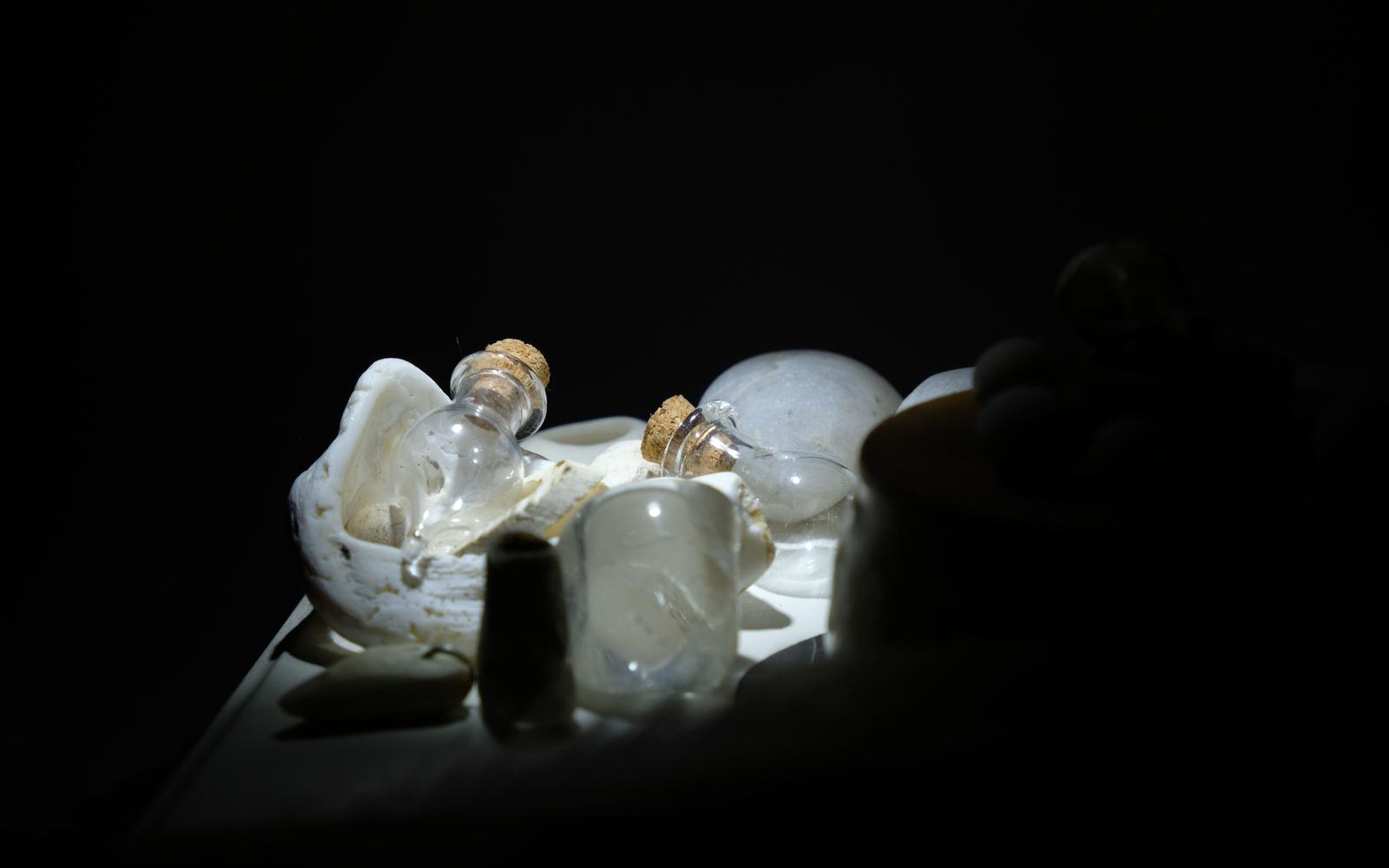 Corked glass bottles and shells on a pale tray picked out by a single light in a dark room