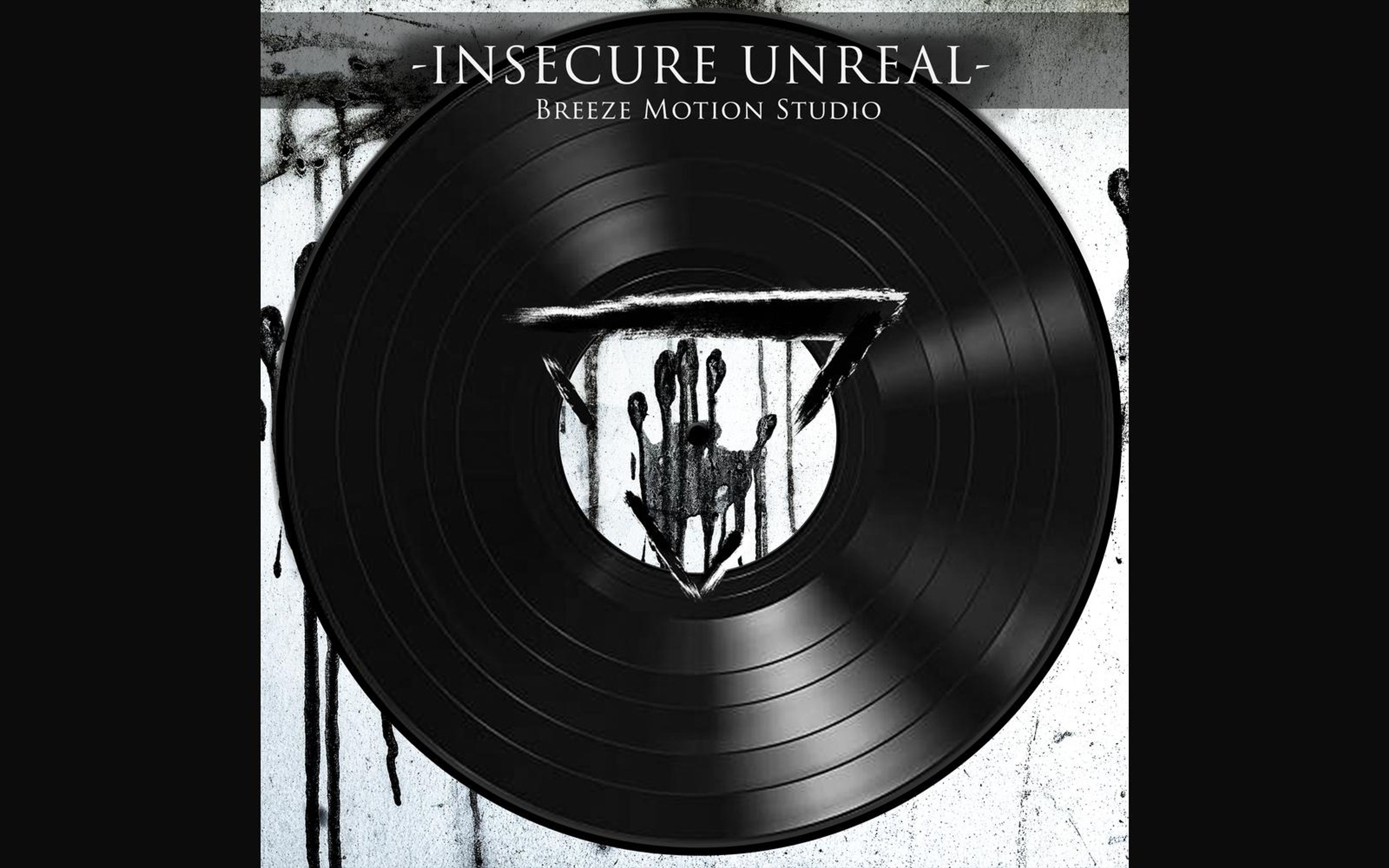 Black vinyl record graphic with a triangular cut-out showing a smeared handprint on a white dripping wall