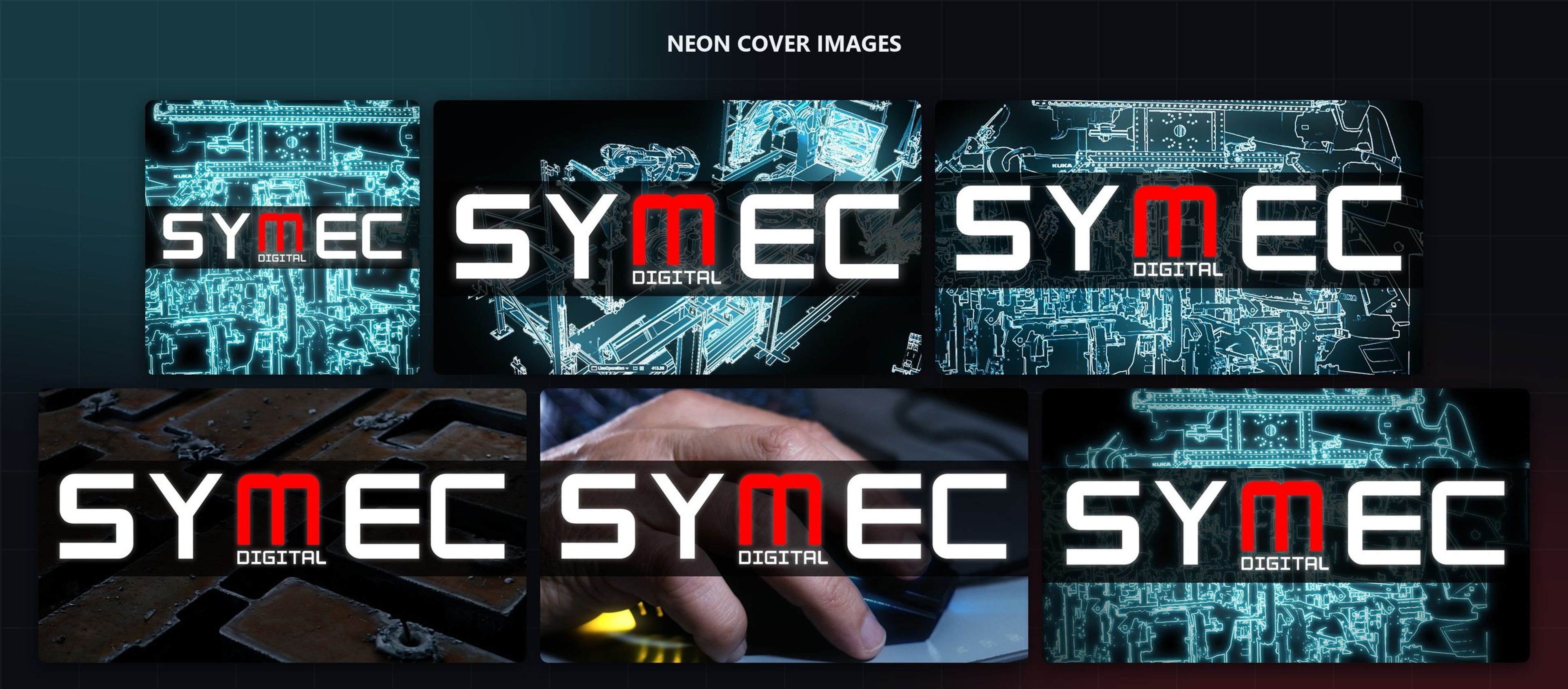 Six neon cover images with the Symec Digital logo over glowing wireframe and machine backgrounds