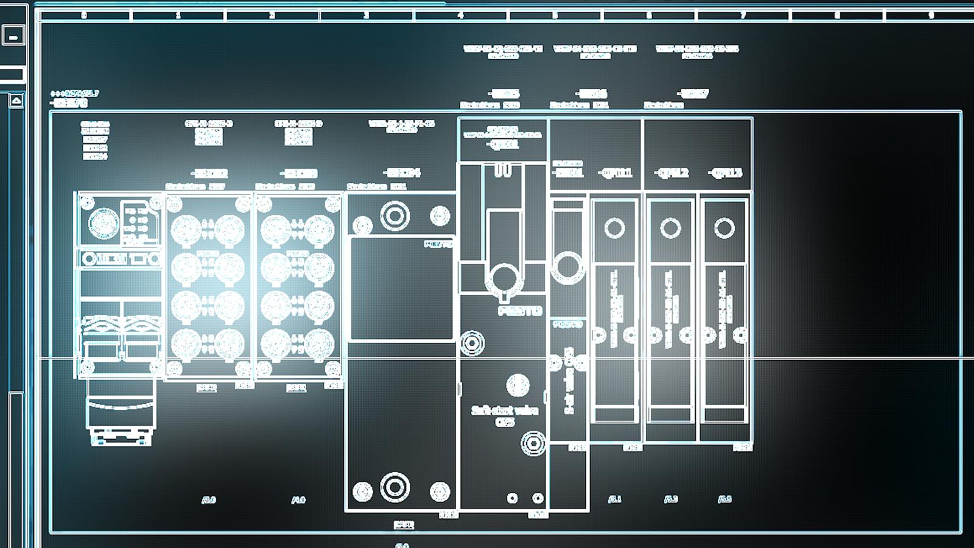 Glowing white line drawing of an electrical control panel on a dark background