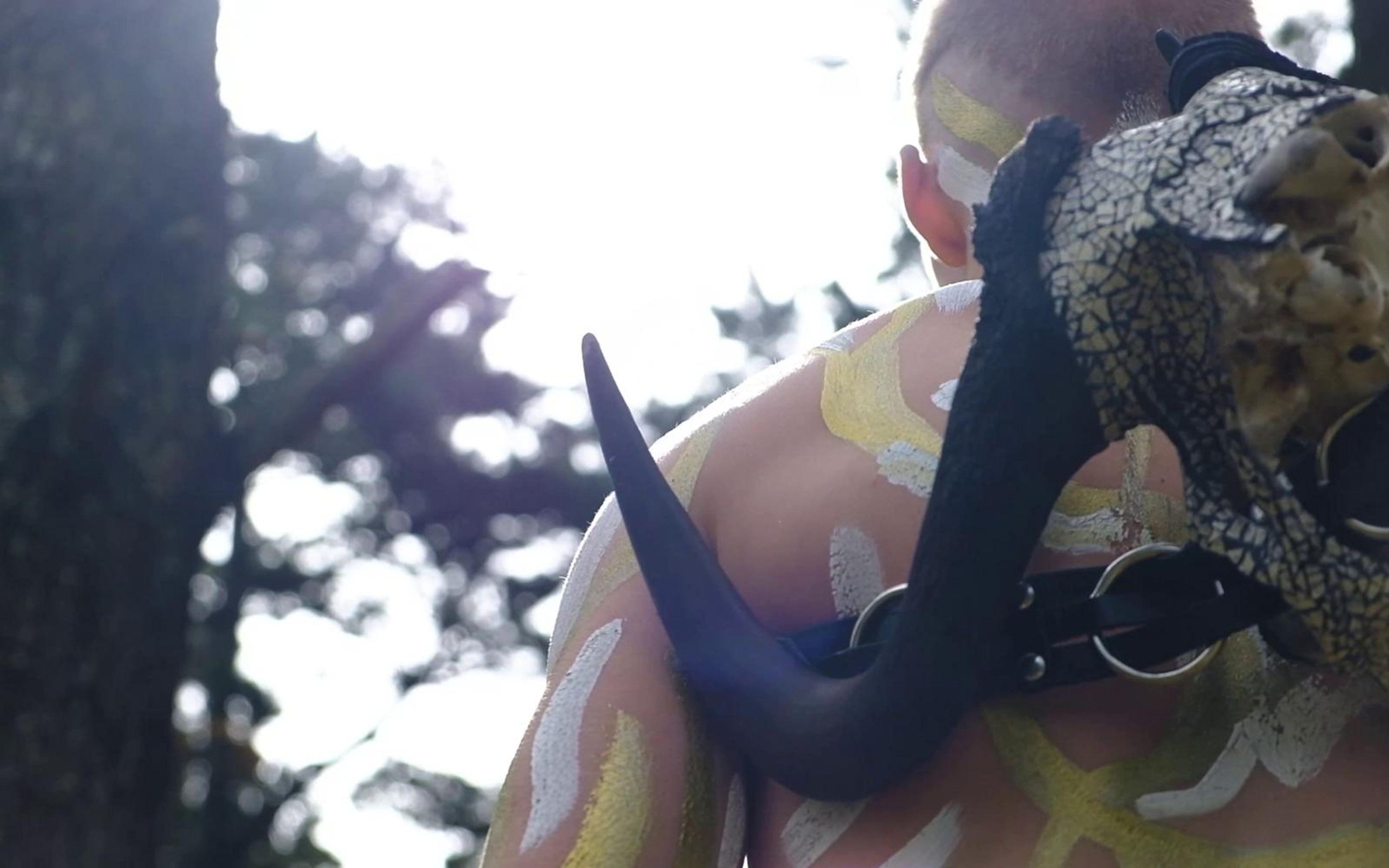 Bull skull with curved black horns raised beside the performer's painted shoulder against a bright sky