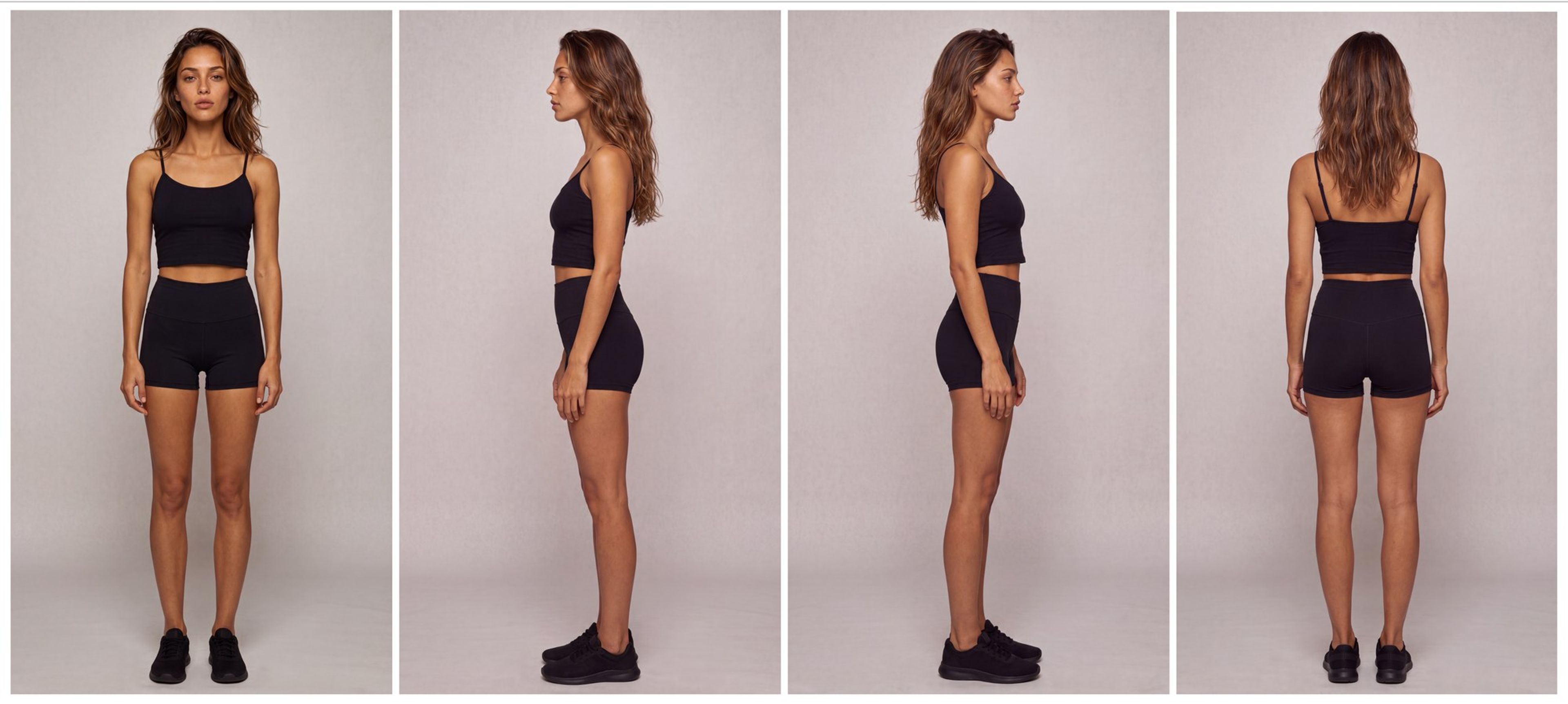 Full-body turnaround of the Cressi character: front, both sides and back