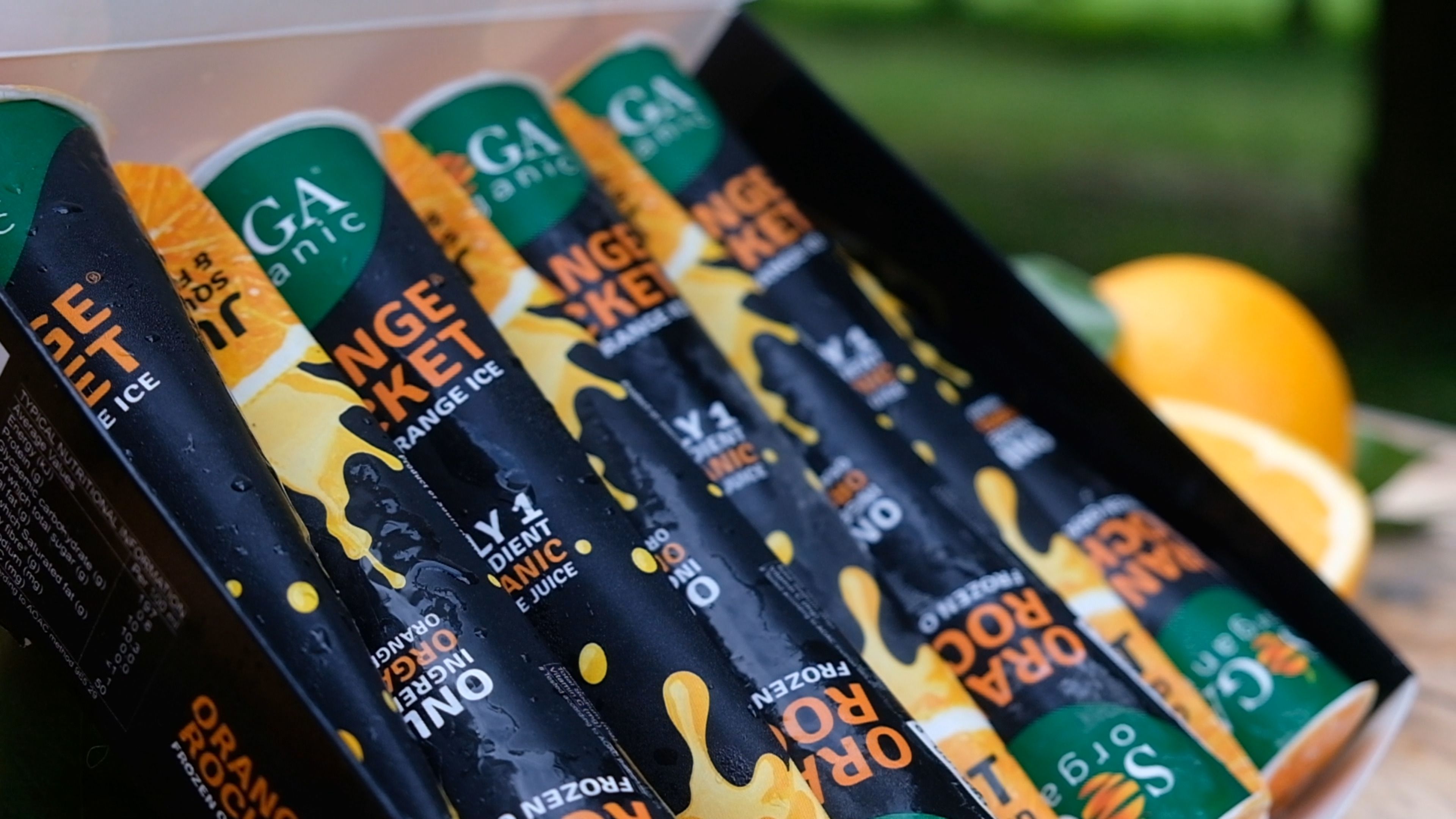 Orange Rocket frozen orange ice tubes lined up in their box