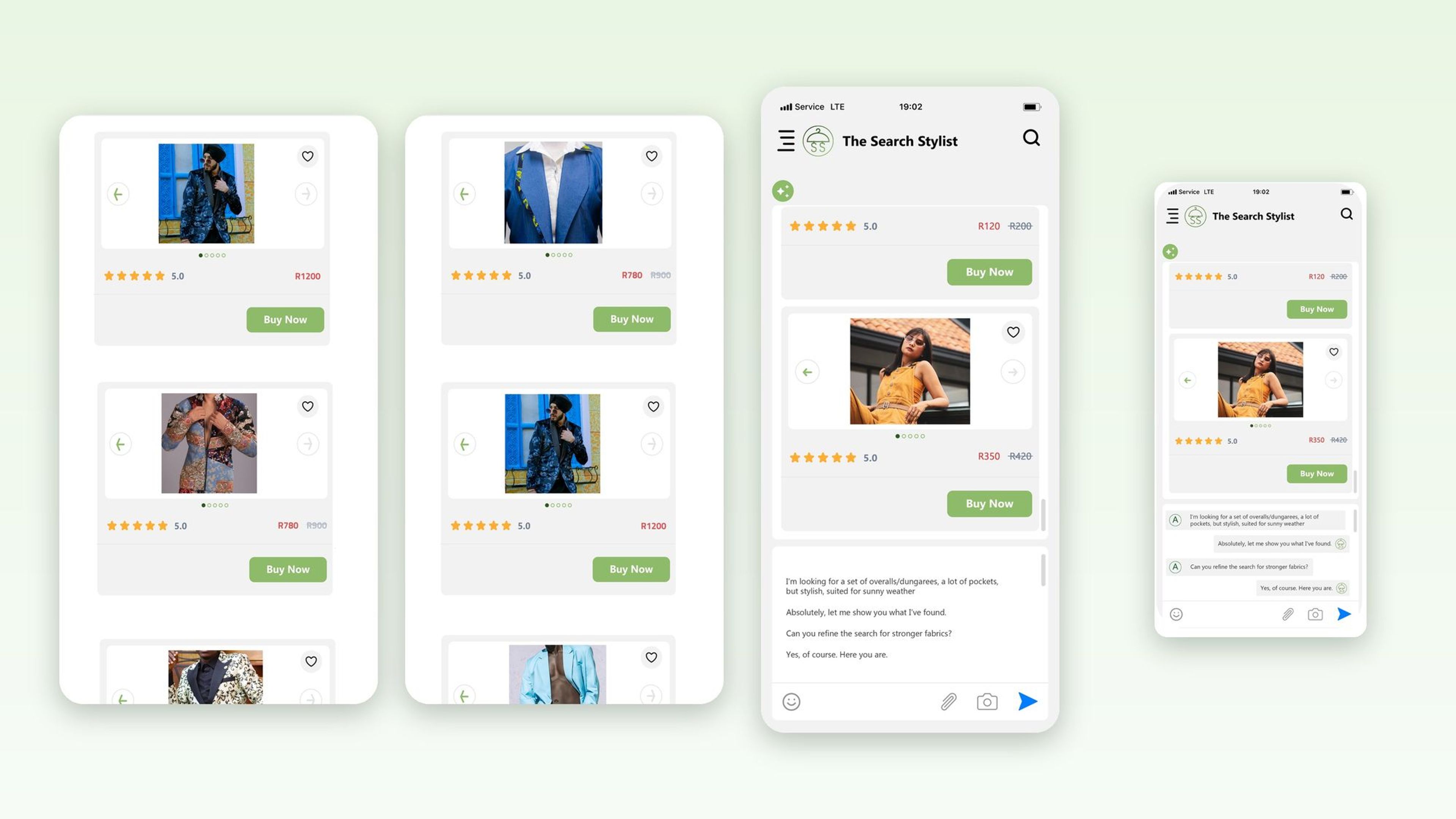 Mobile product scroll screens, the chat search and a phone chat view from the simulated app