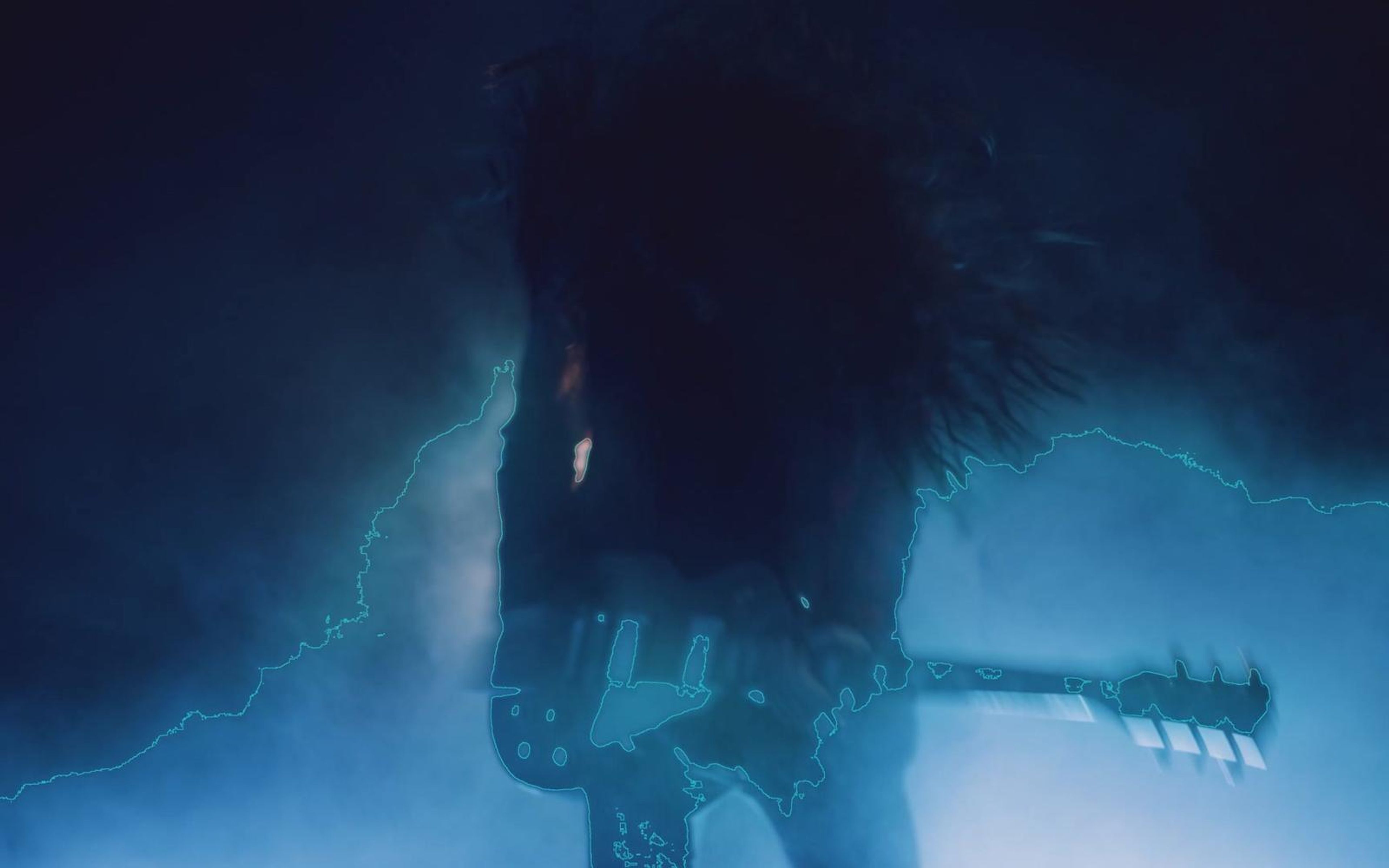 Long-haired guitarist head-banging in blue smoke with thin lightning lines around him
