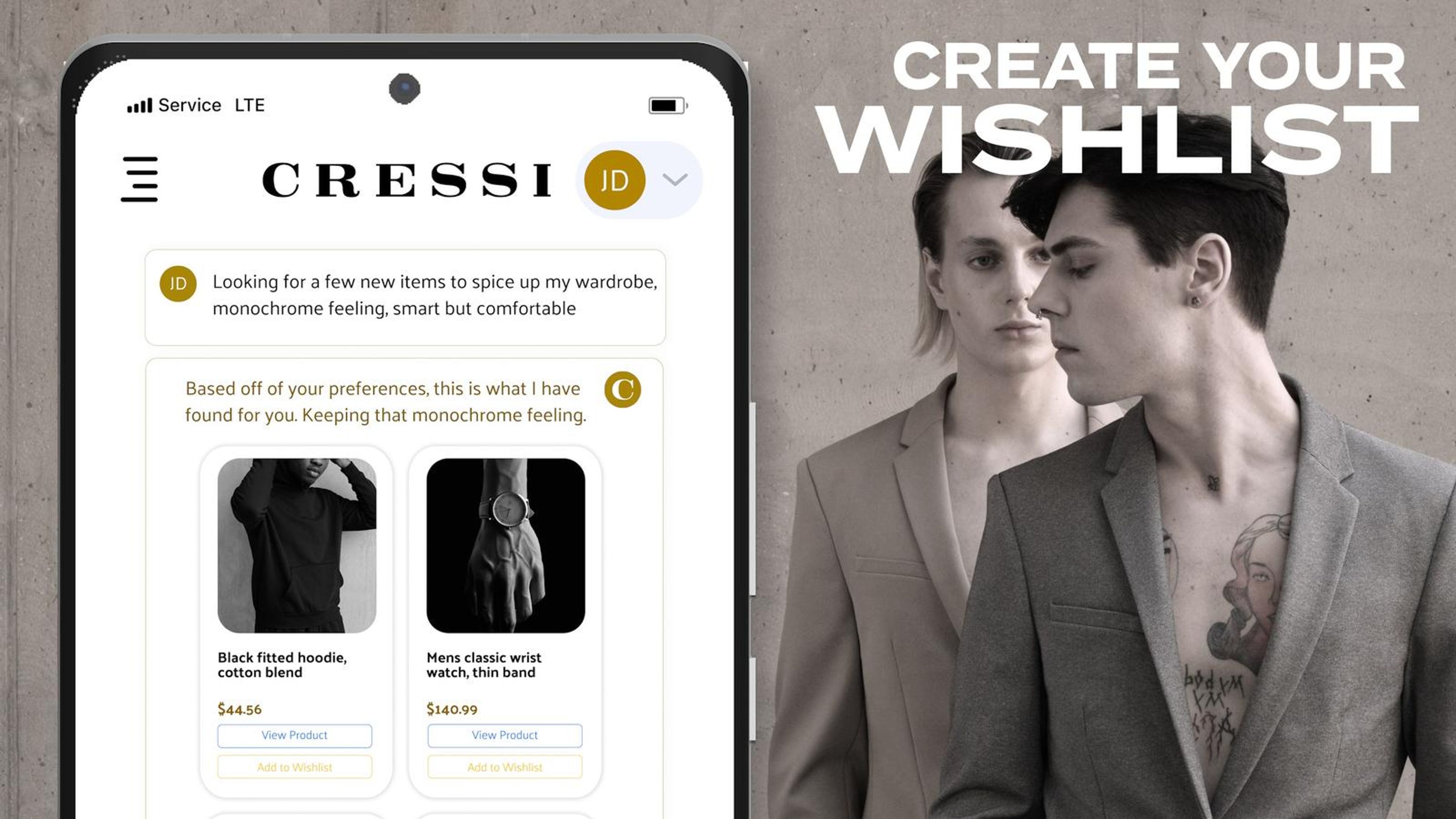 Phone showing the CRESSI chat with monochrome product suggestions beside the text Create Your Wishlist