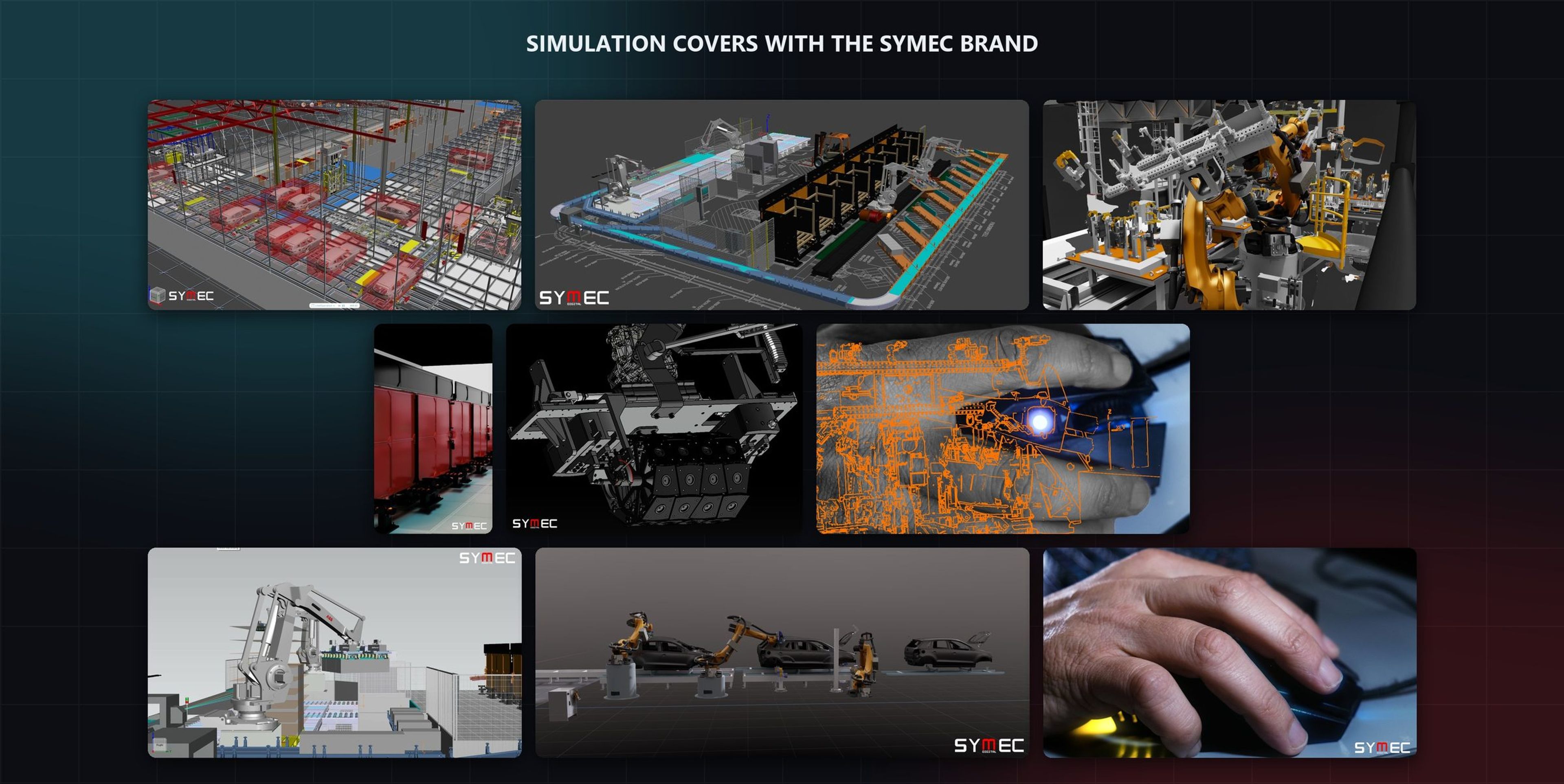 Nine simulation cover images showing factory and robot simulations with the Symec logo added