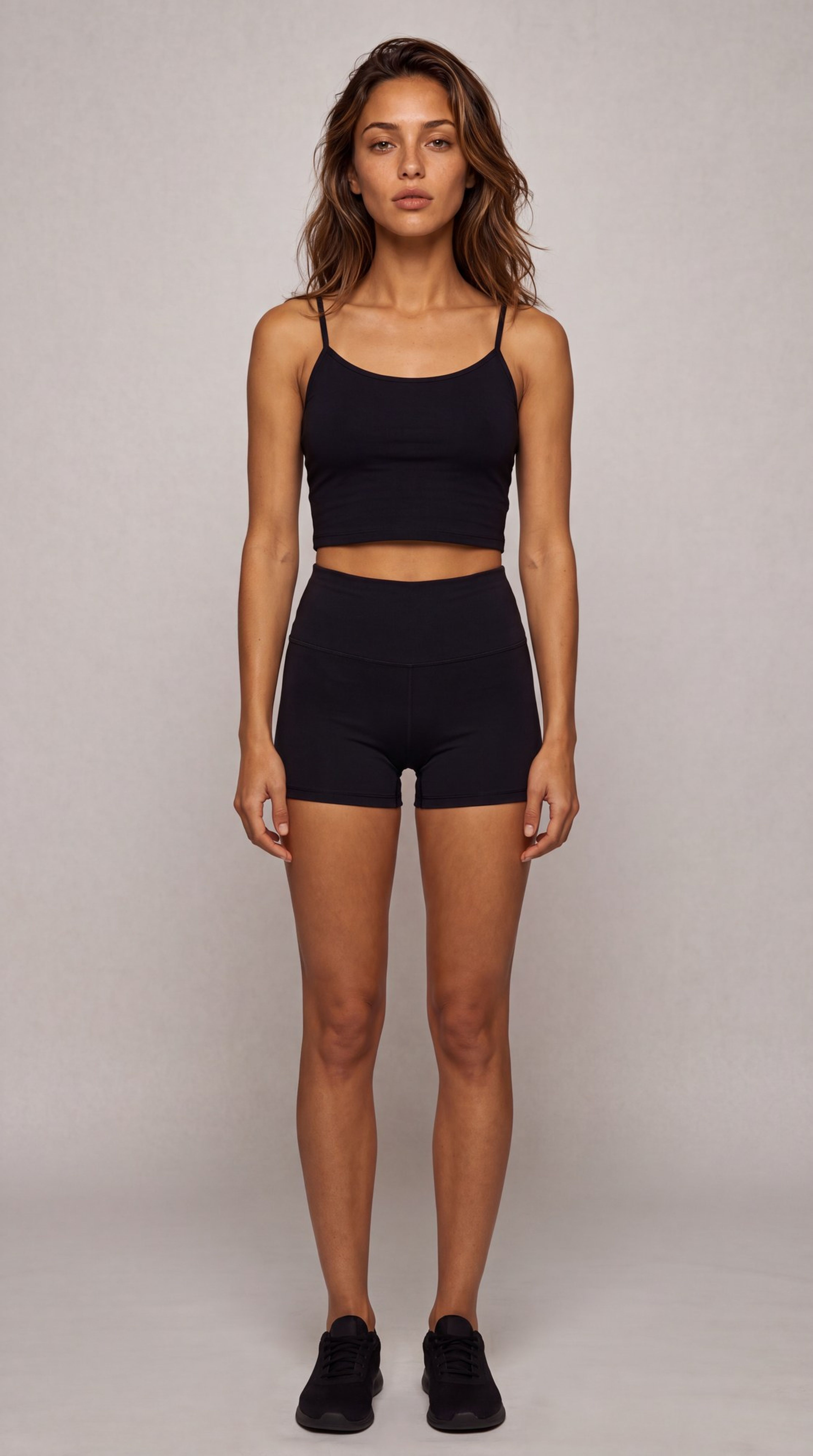 Full-body front view of the Cressi character in a black crop top and shorts against a studio backdrop