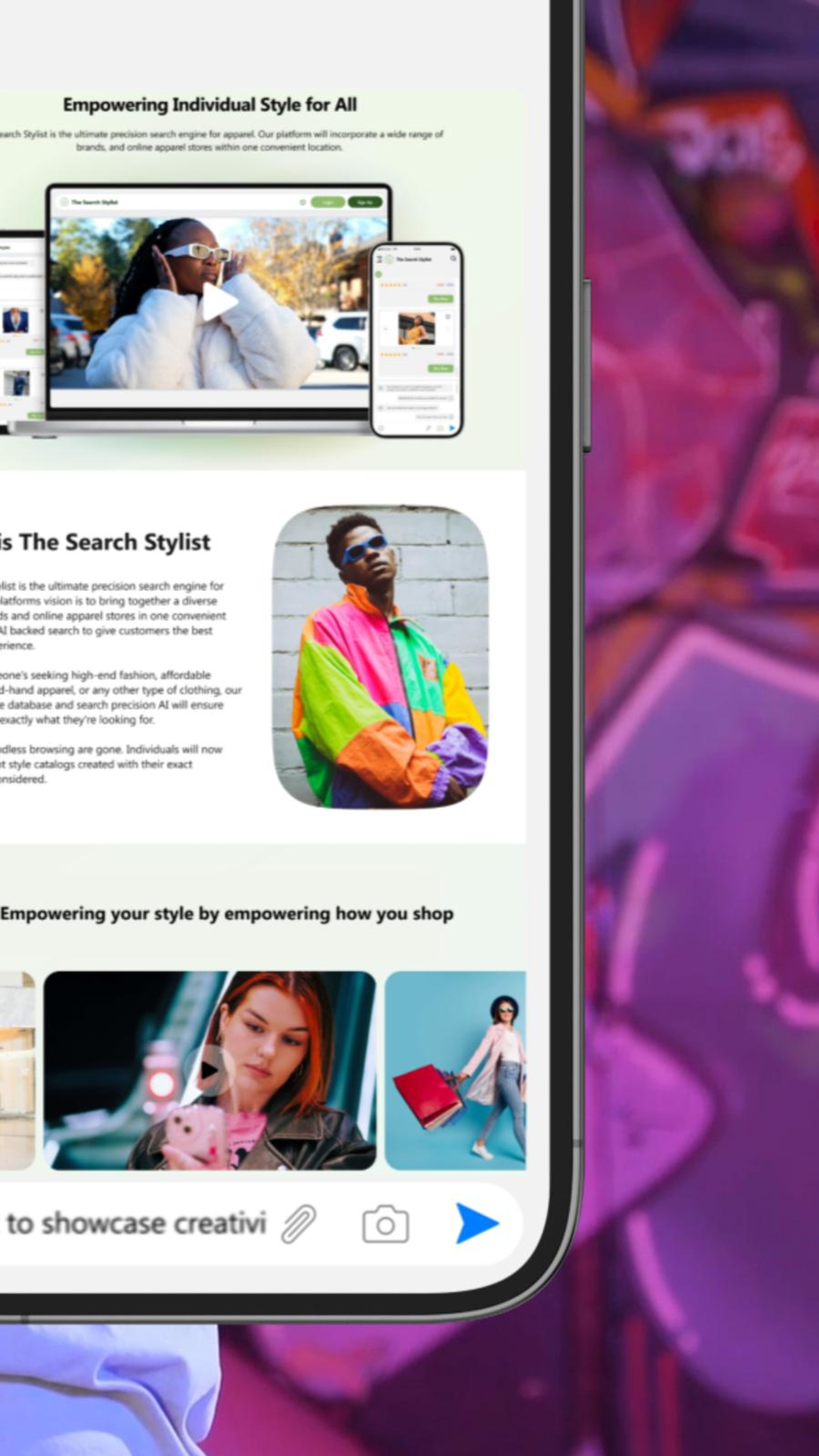 Vertical frame of a phone showing The Search Stylist page against a colourful backdrop