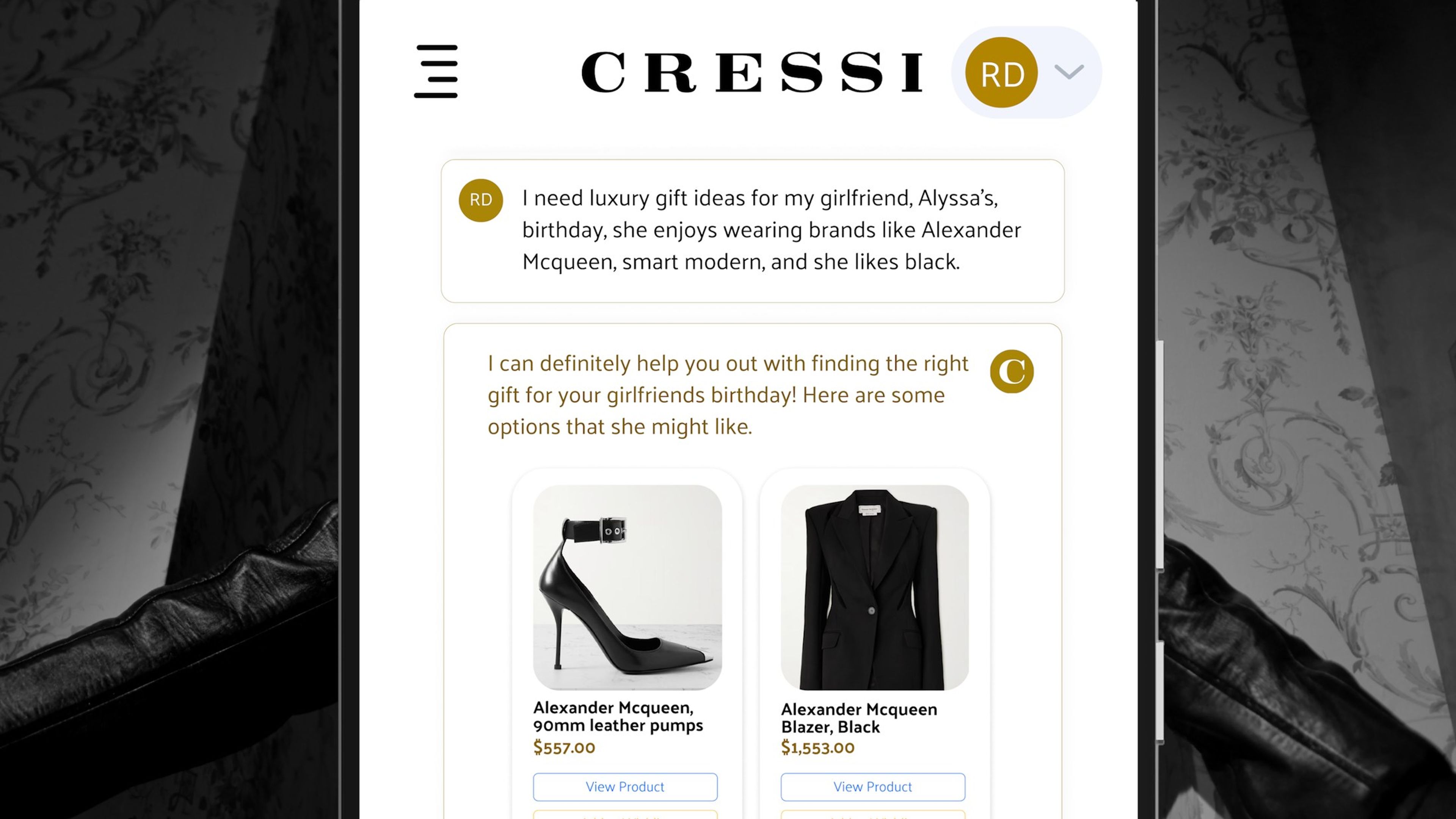 The CRESSI chat recommending a blazer and heels as a birthday gift