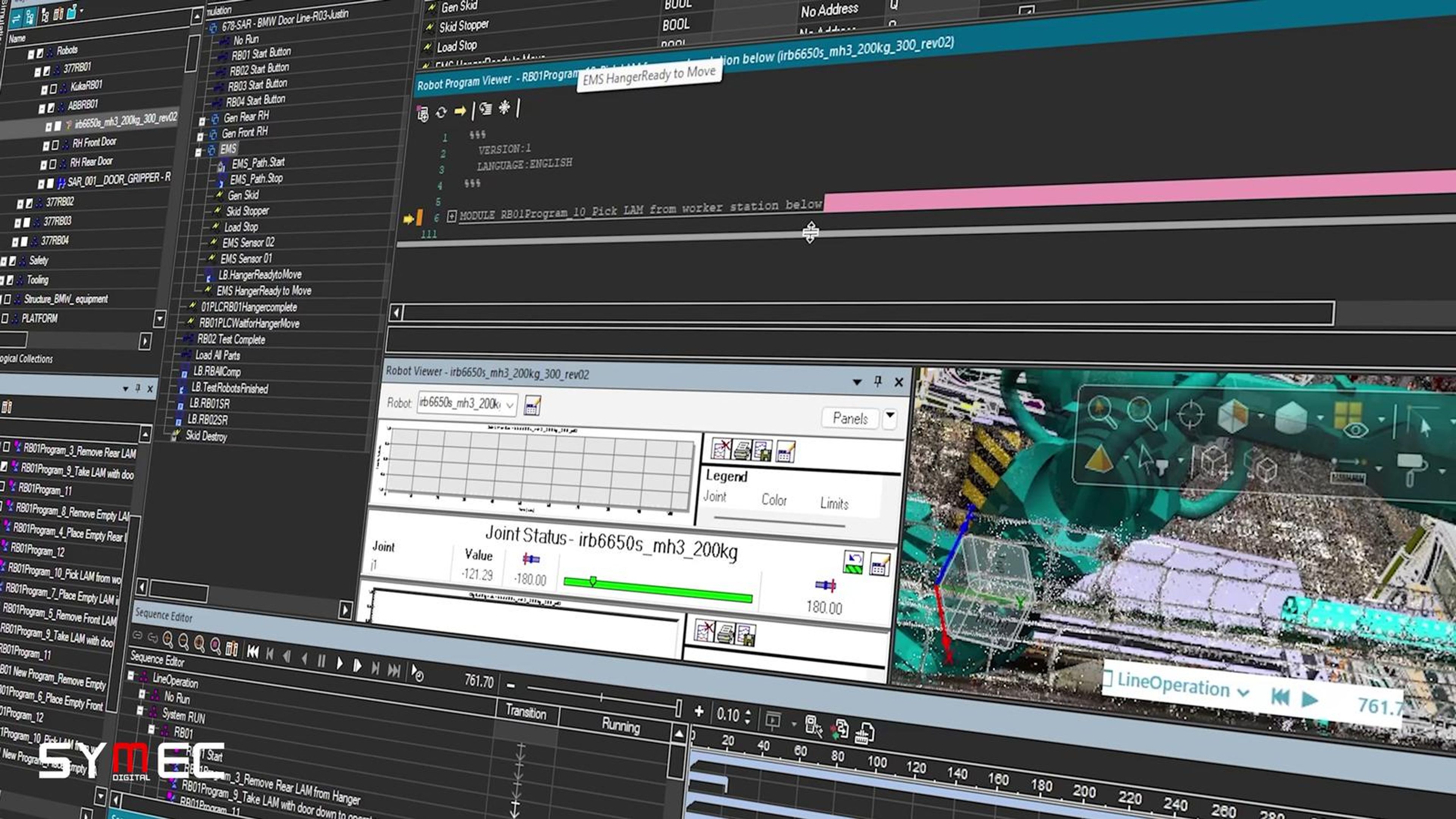 Dialog box over a robot simulation in a teal factory model
