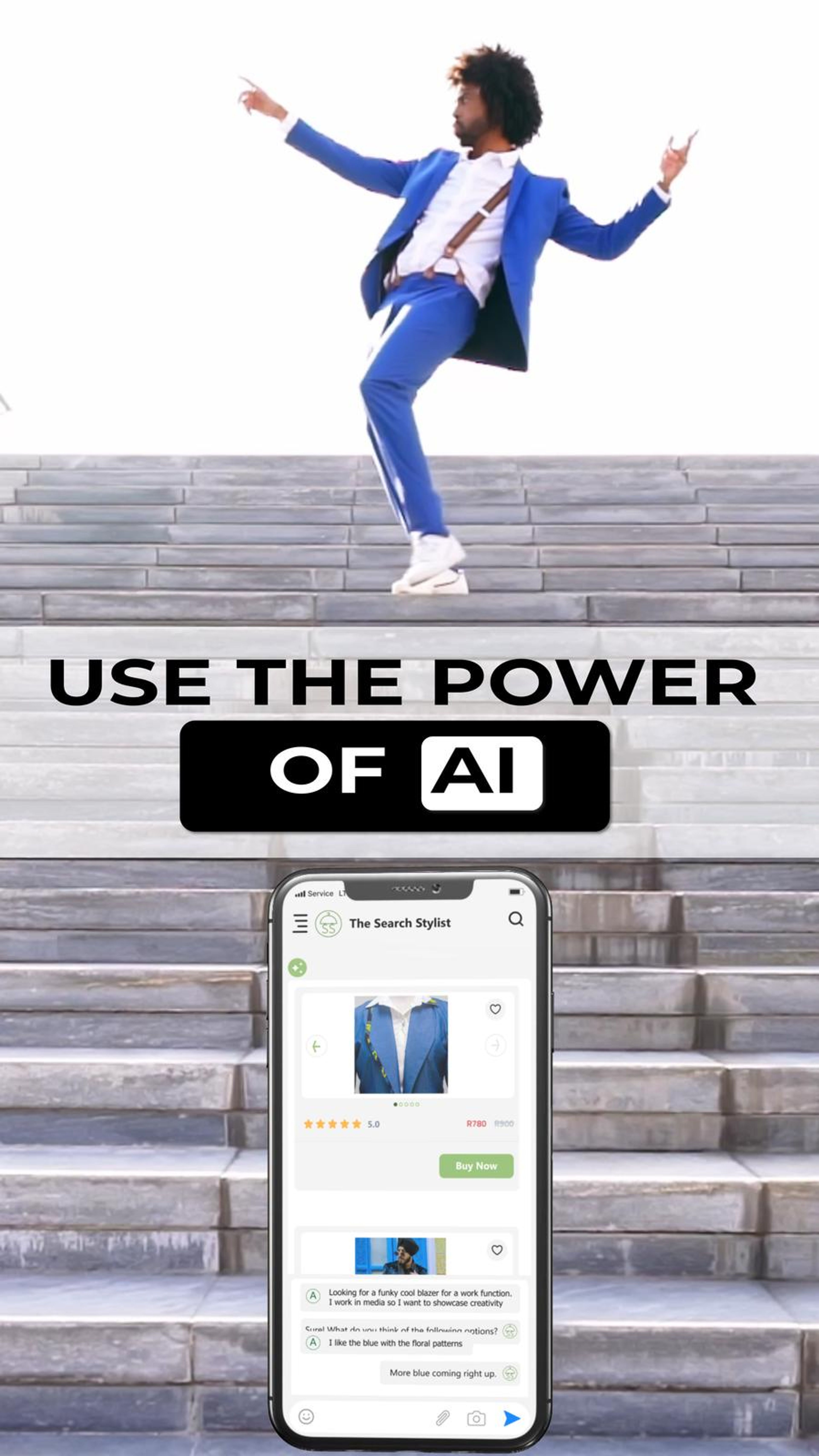 Vertical frame with the text Use The Power Of AI above a phone showing the app search