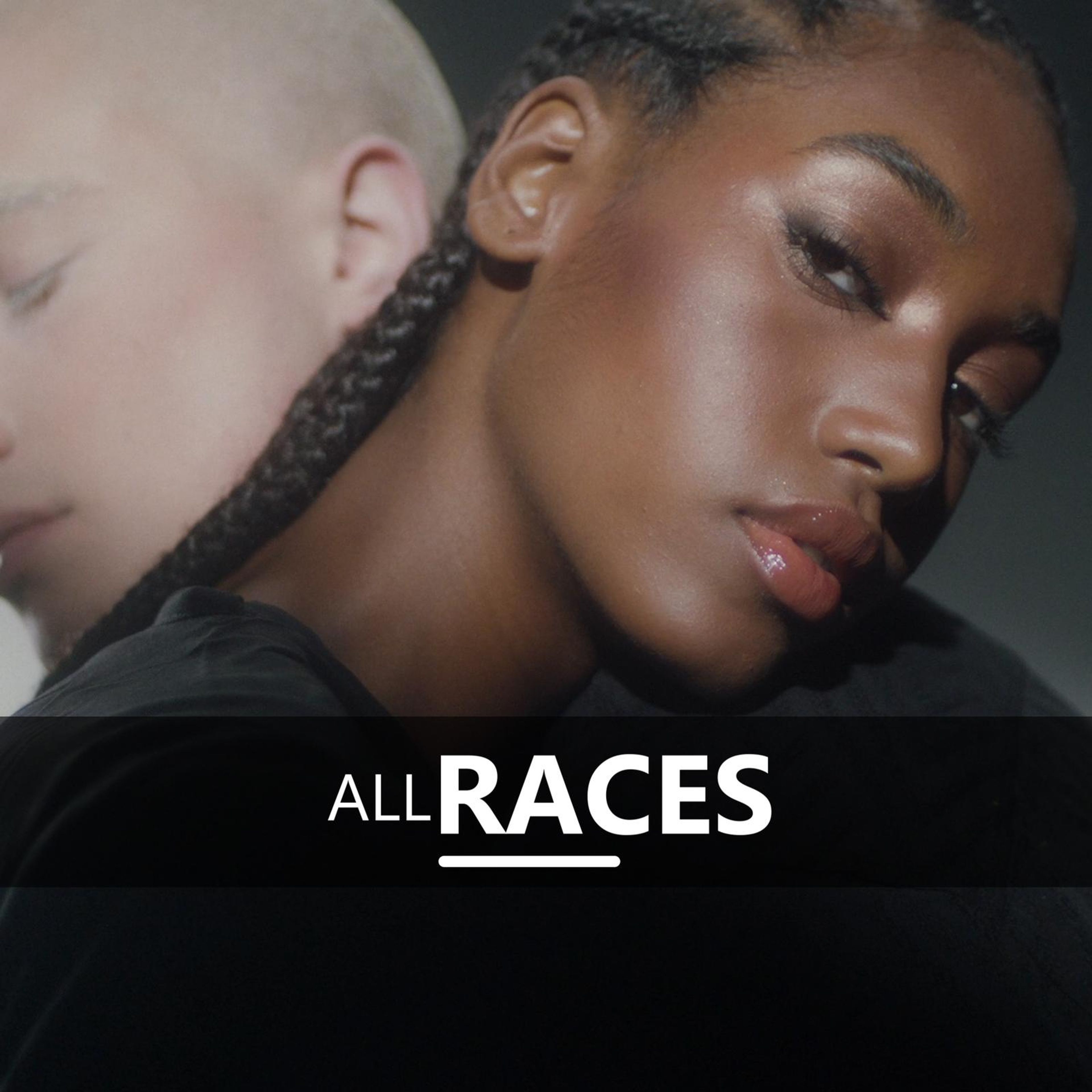 Square frame with the text All Races over a portrait