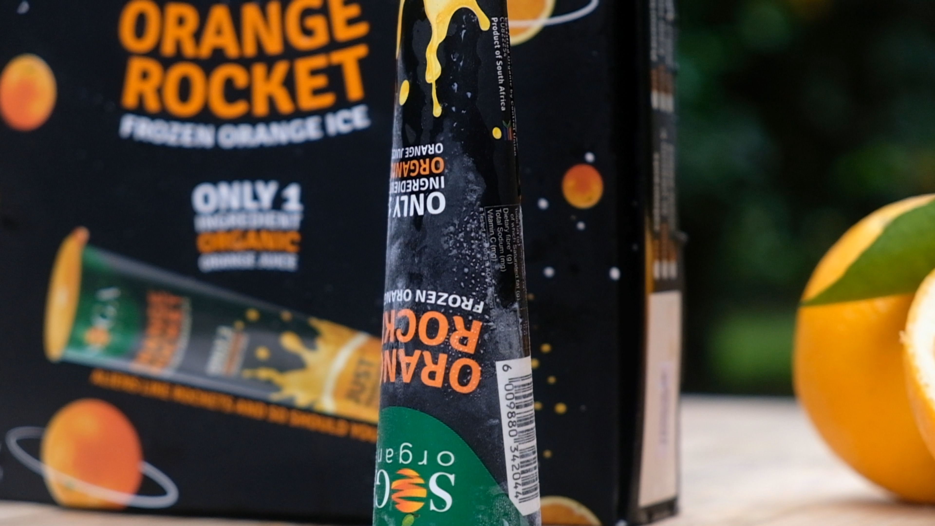 Close view of Orange Rocket frozen orange ice packaging