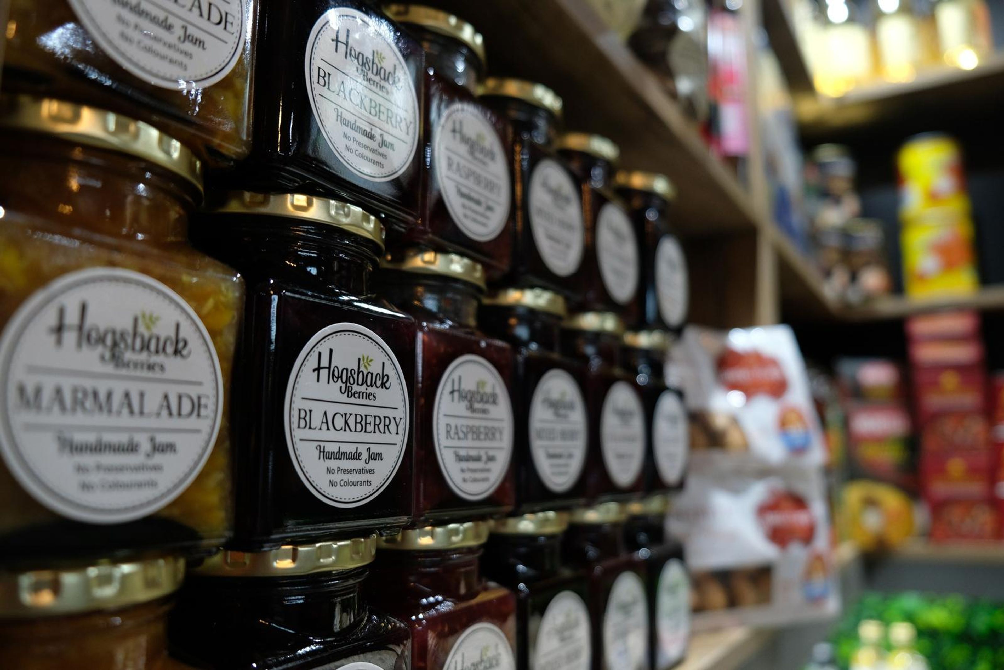 Rows of handmade jam jars from Hogsback Berries