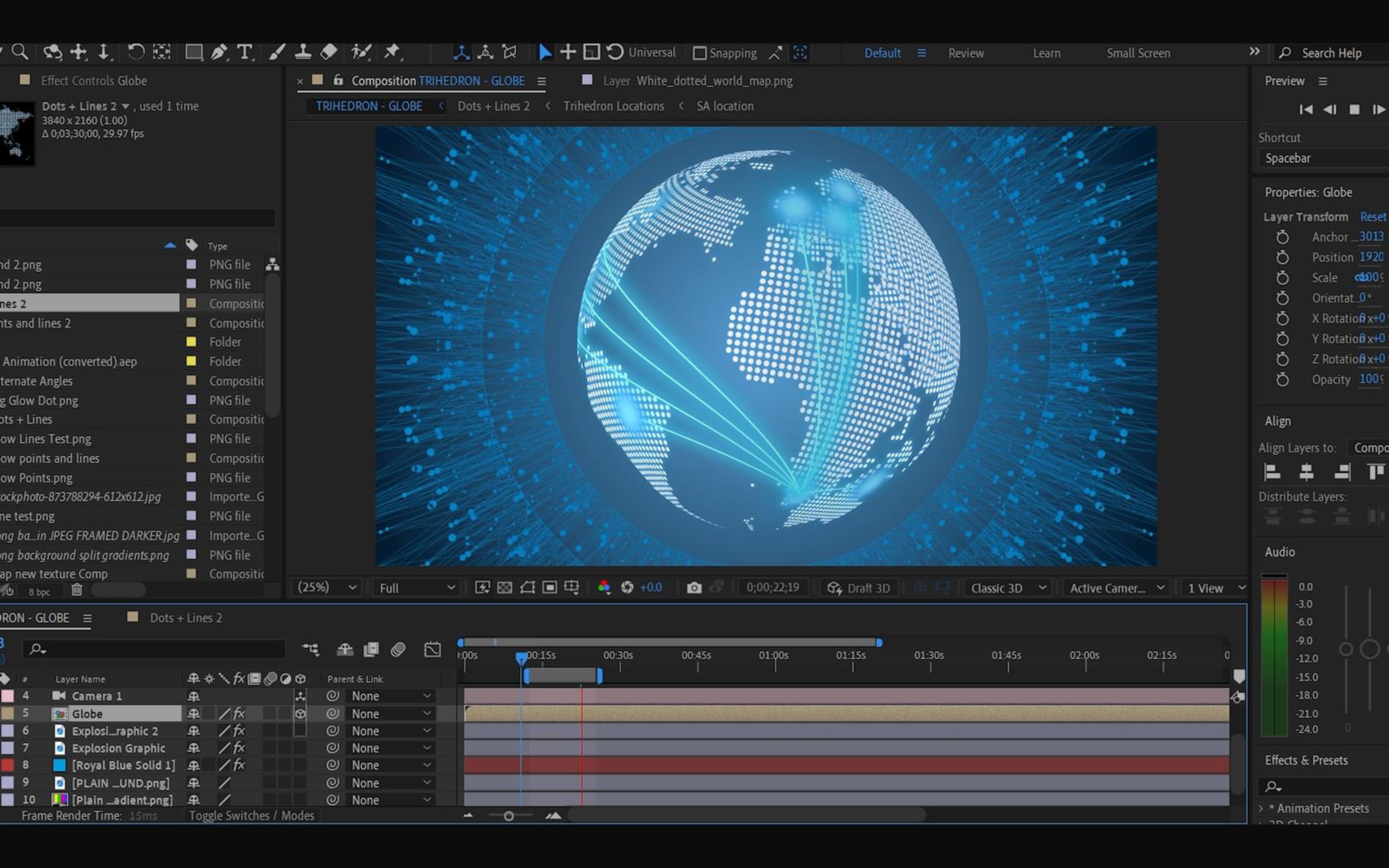 After Effects workspace with the finished glowing globe and its layer stack