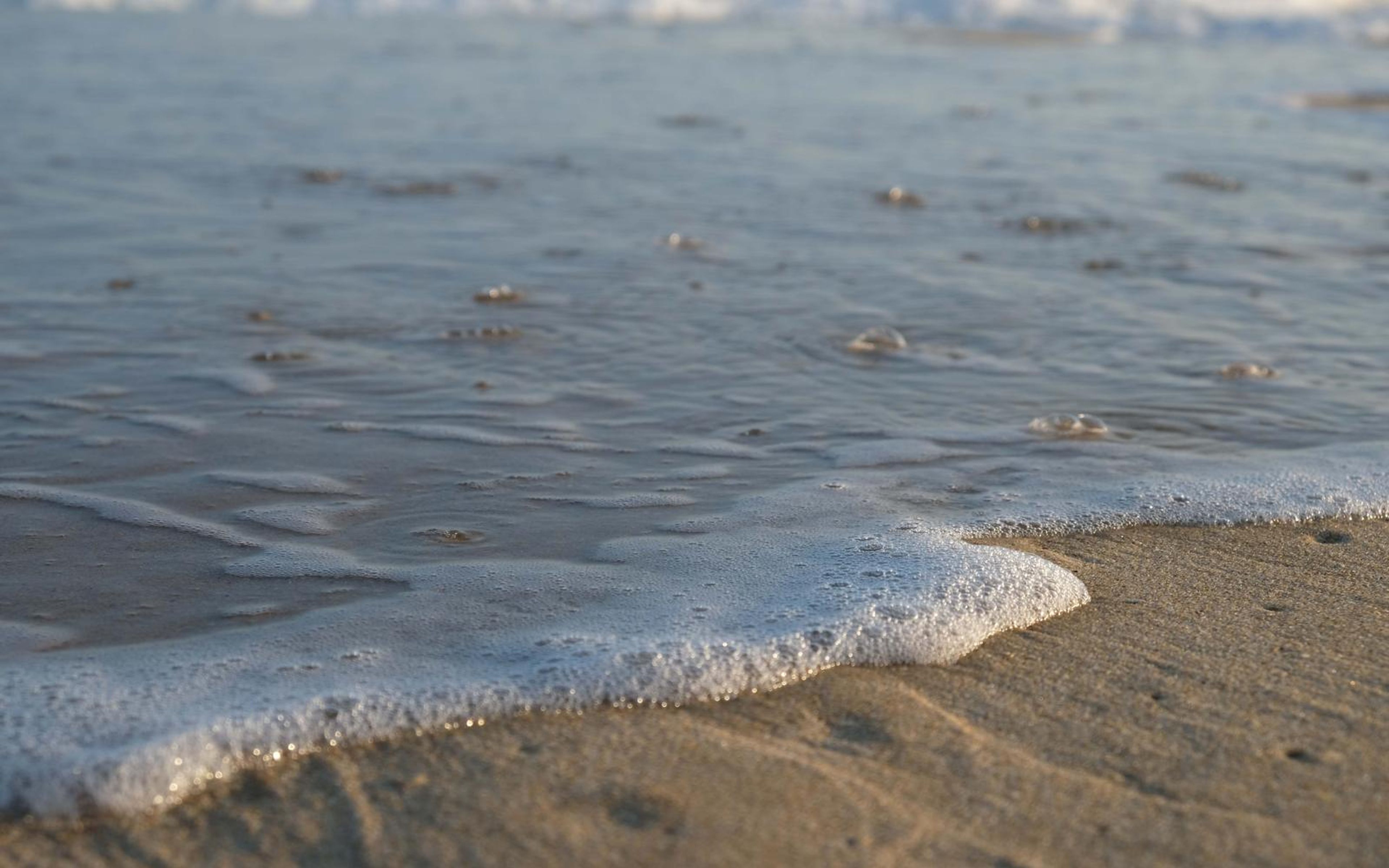 Soft white foam sliding over wet sand in a close low view
