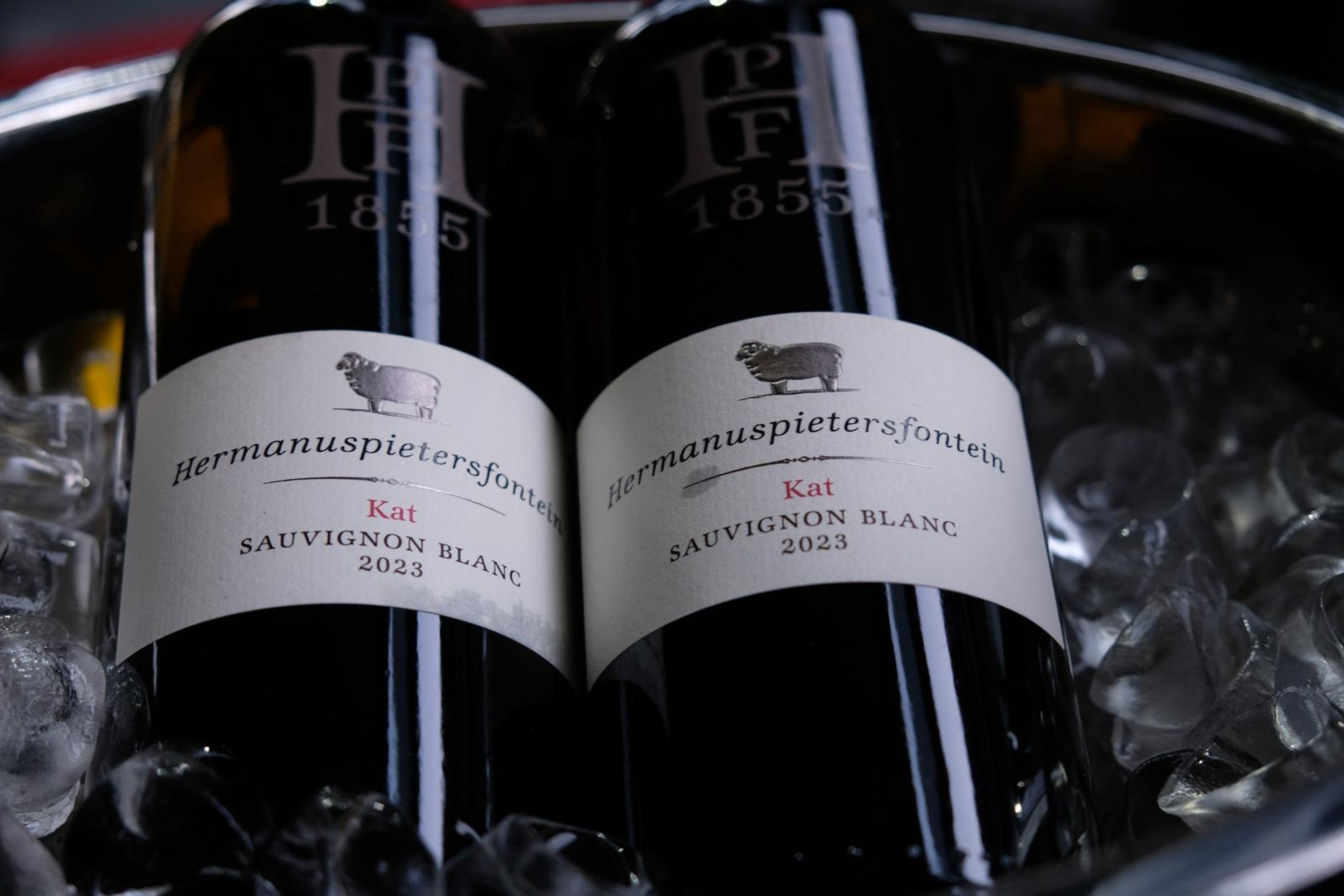 Two bottles of Hermanuspietersfontein sauvignon blanc in an ice bucket