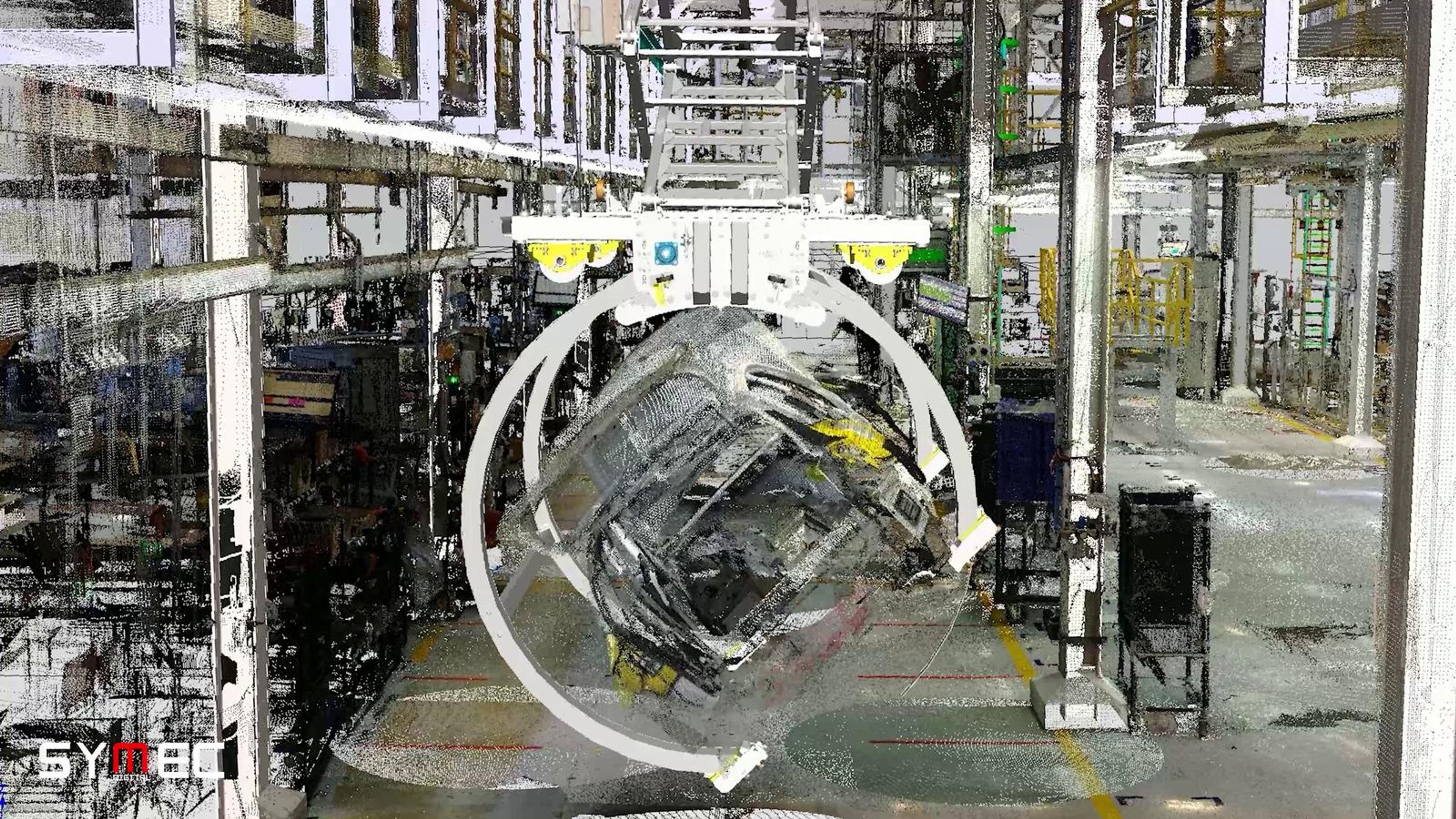 Glass sphere around a robot in a scanned factory