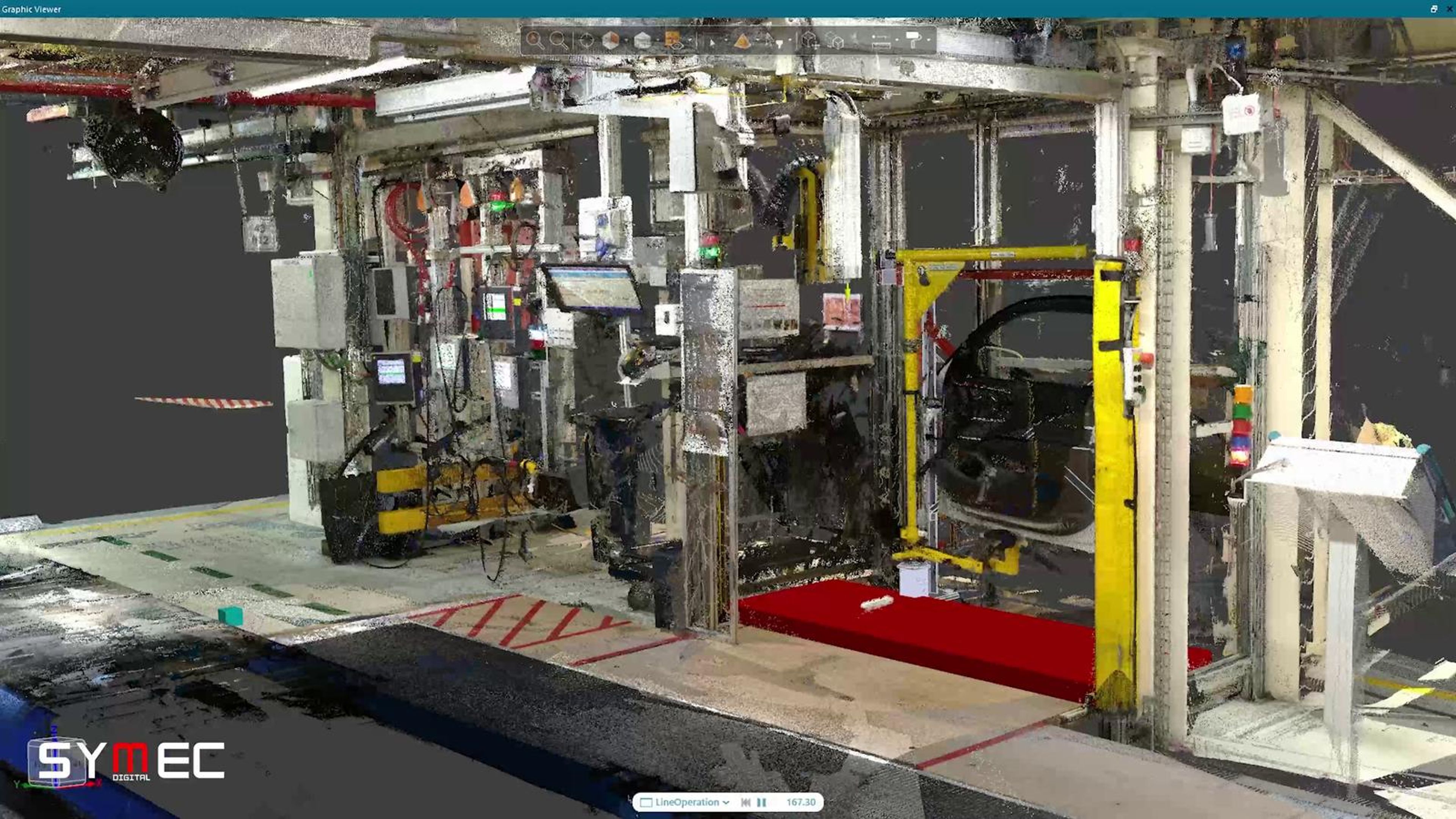 Real plant floor with a robot cell and red panels