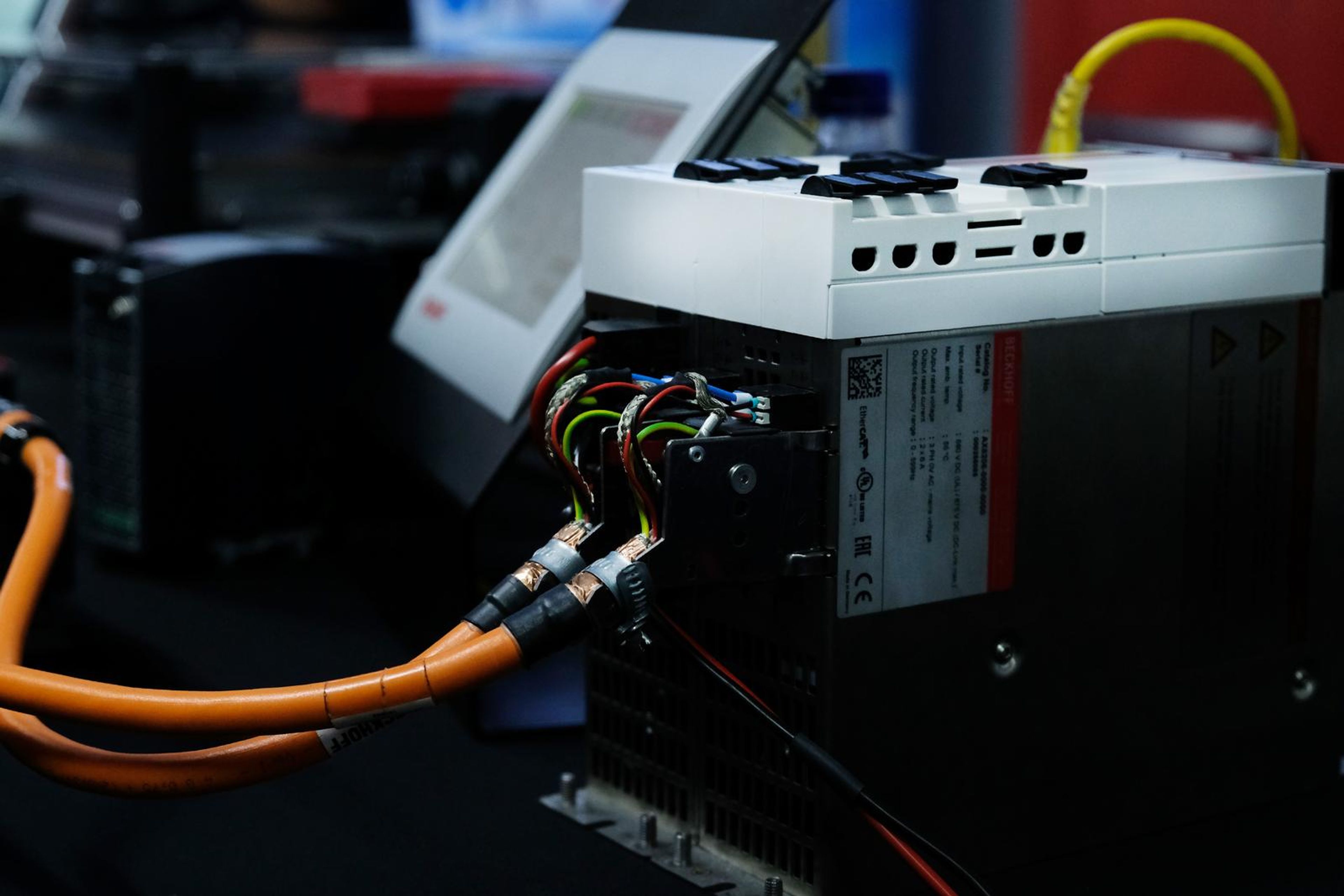 Orange Beckhoff cables connected to a controller