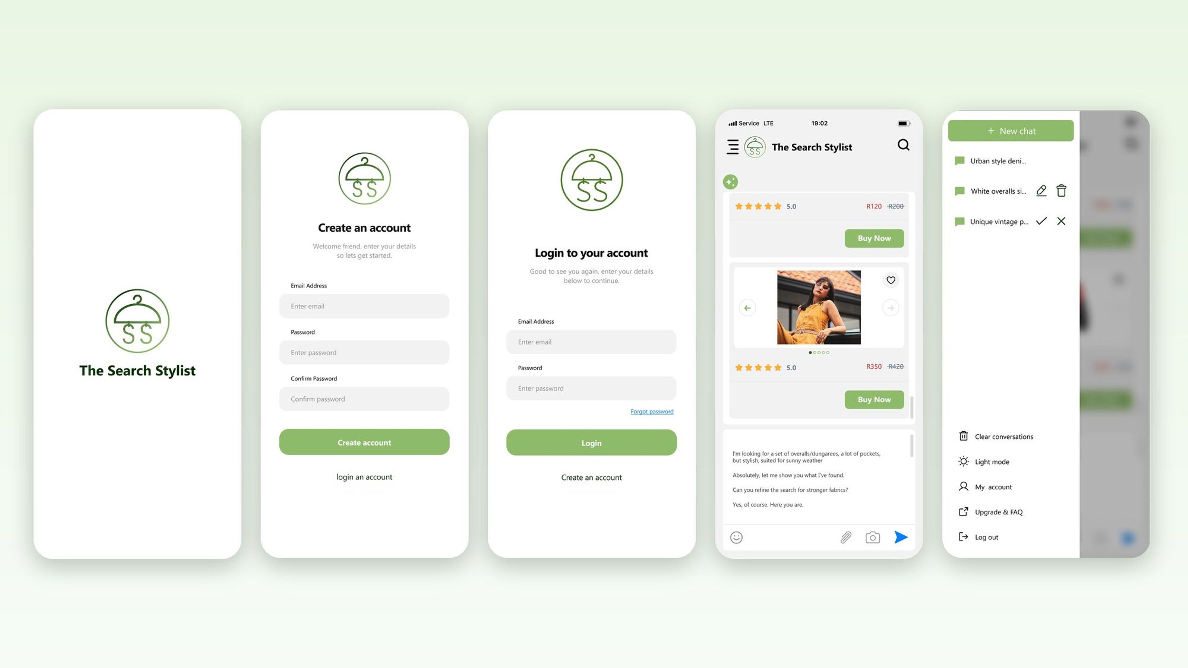 Five mobile screens of the simulated app: opening page, create account, login, chat search and side menu