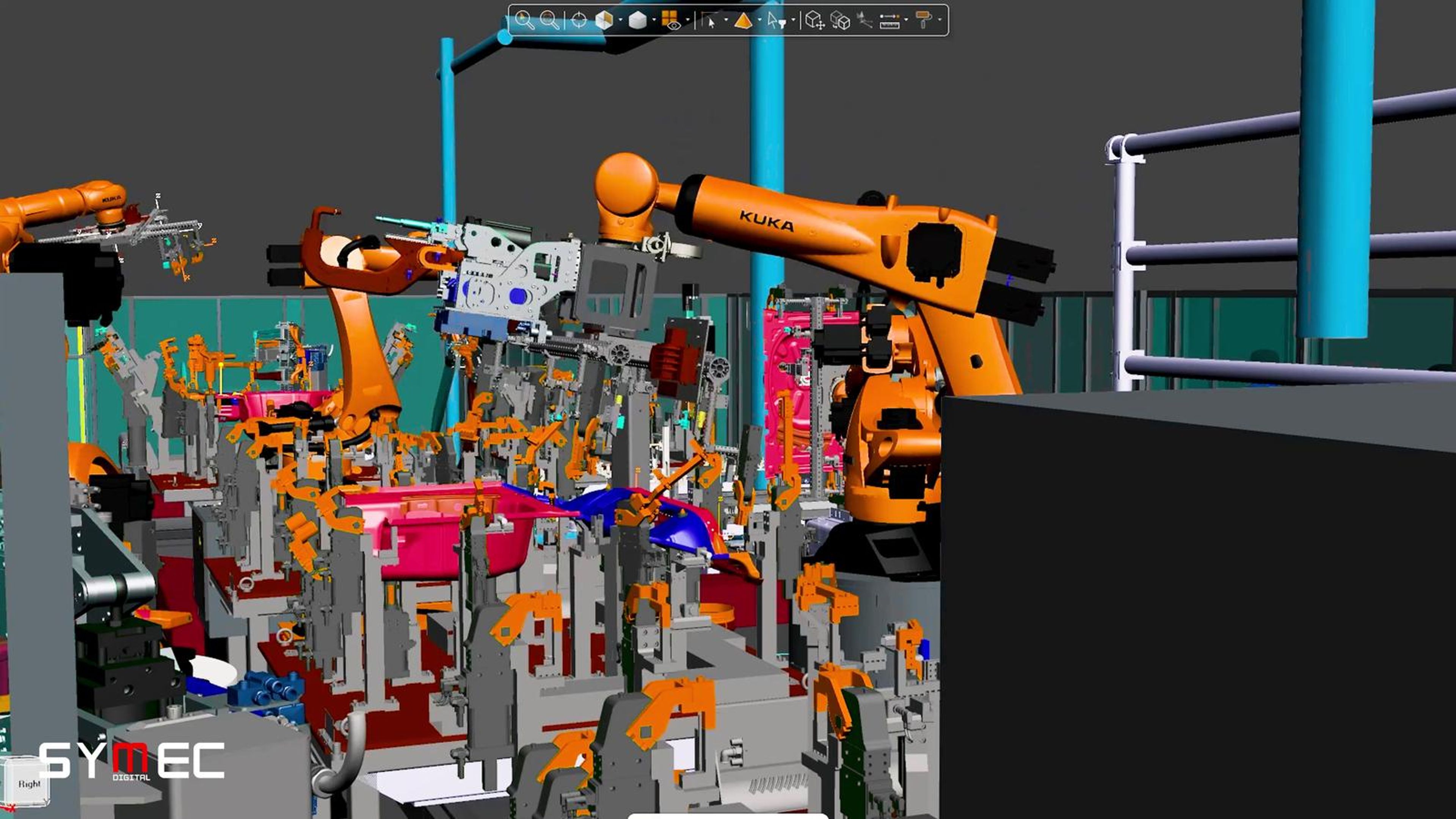 Orange robots working in a colourful factory simulation